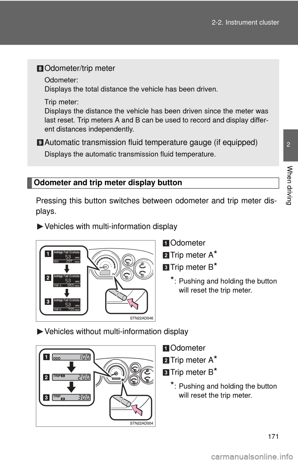 TOYOTA SEQUOIA 2014 2.G User Guide 171
2-2. Instrument cluster
2
When driving
Odometer and trip meter display button
Pressing this button switches
between odometer and trip meter dis-
plays.
Vehicles with multi-information display
Od TOYOTA SEQUOIA 2014 2.G User Guide 171
2-2. Instrument cluster
2
When driving
Odometer and trip meter display button
Pressing this button switches
between odometer and trip meter dis-
plays.
Vehicles with multi-information display
Od