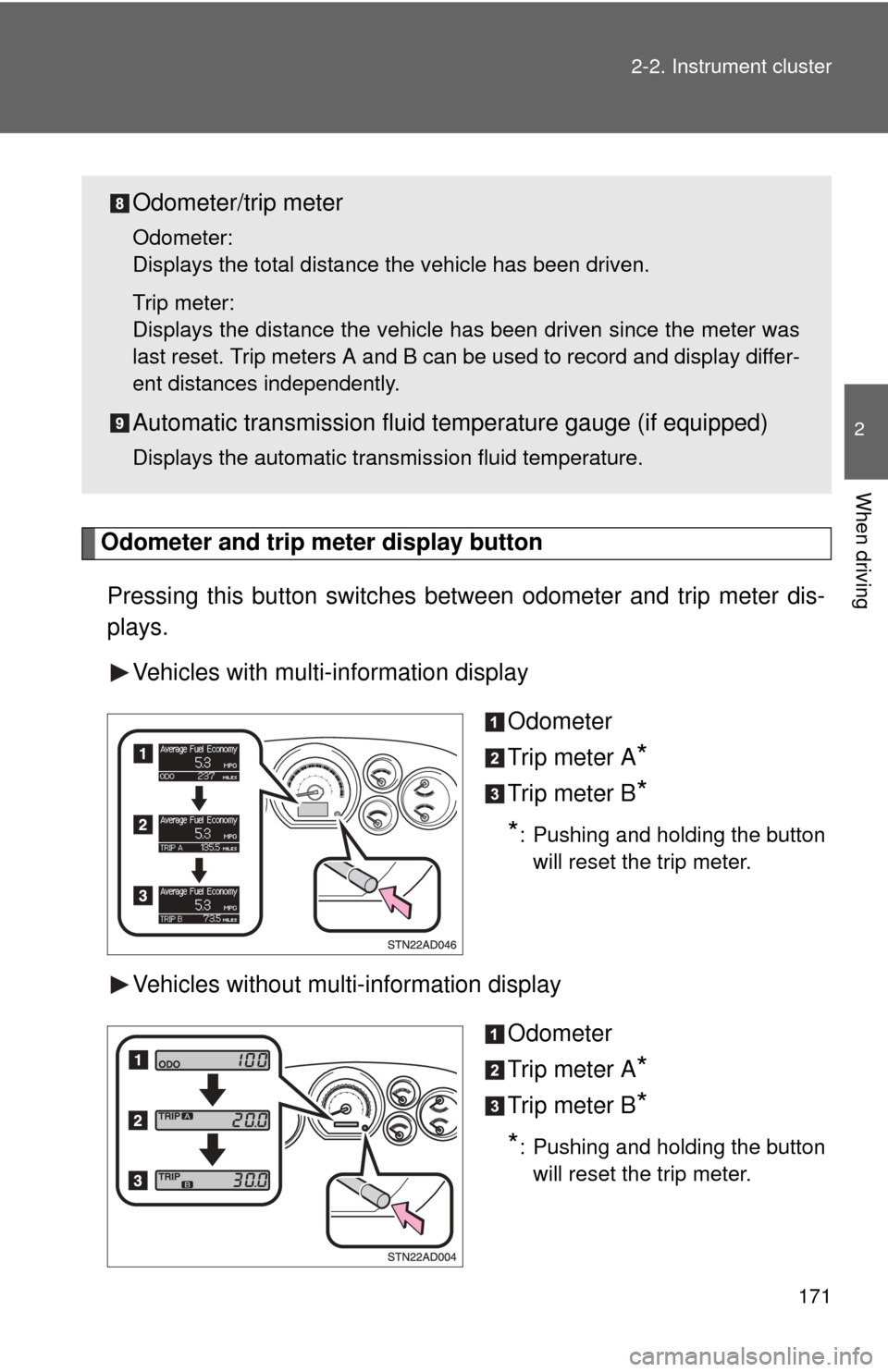 TOYOTA SEQUOIA 2014 2.G Owners Manual 171
2-2. Instrument cluster
2
When driving
Odometer and trip meter display button 
Pressing this button switches 
between odometer and trip meter dis-
plays.
Vehicles with multi-information display
Od