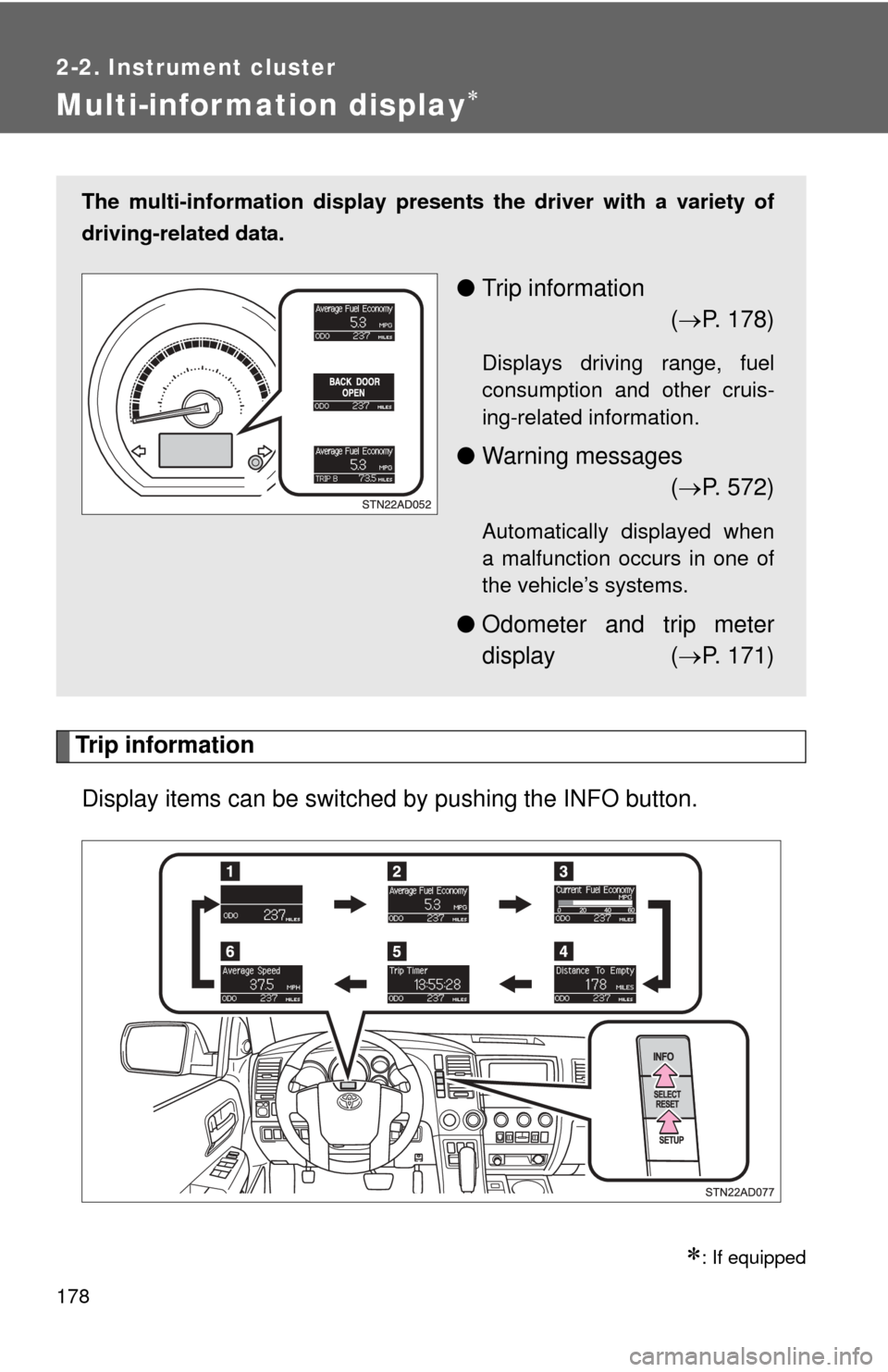 TOYOTA SEQUOIA 2014 2.G User Guide 178
2-2. Instrument cluster
Multi-information display
Trip informationDisplay items can be switched by pushing the INFO button.
: If equipped
The multi-information display presen ts the driver TOYOTA SEQUOIA 2014 2.G User Guide 178
2-2. Instrument cluster
Multi-information display
Trip informationDisplay items can be switched by pushing the INFO button.
: If equipped
The multi-information display presen ts the driver