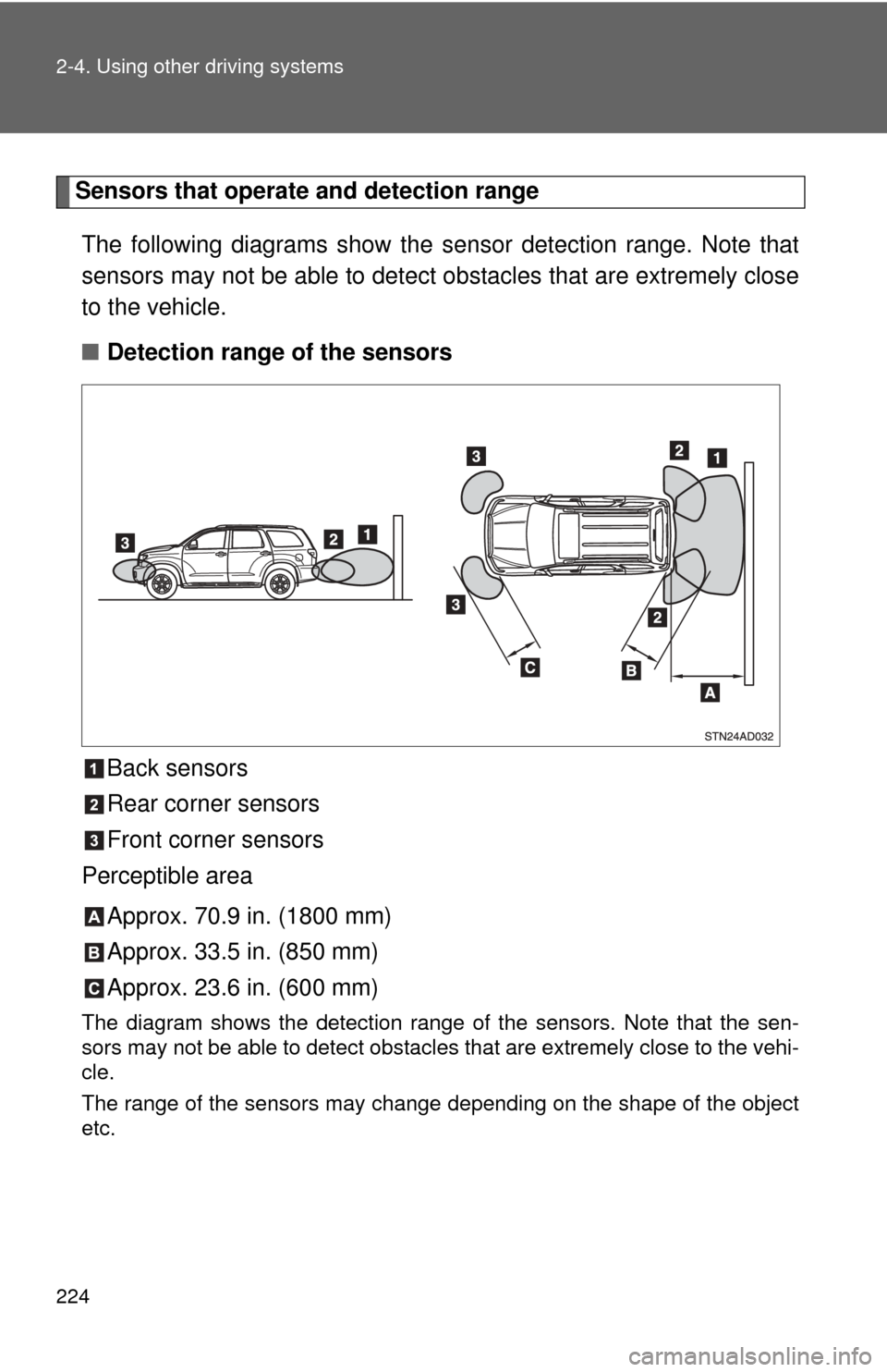 TOYOTA SEQUOIA 2014 2.G Owners Manual 224 2-4. Using other driving systems
Sensors that operate and detection rangeThe following diagrams show the sensor detection range. Note that
sensors may not be able to detect obstacles that are extr