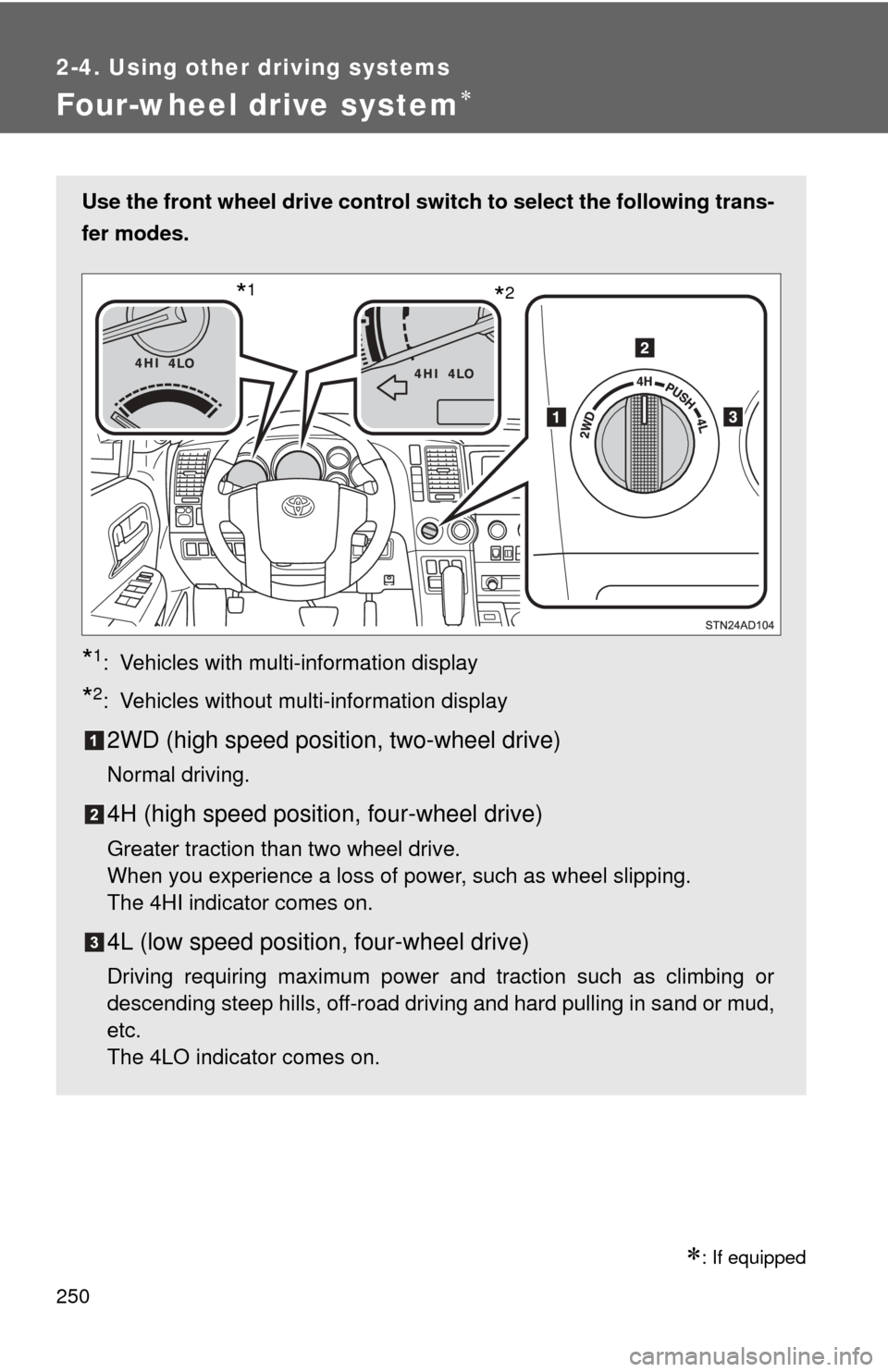 TOYOTA SEQUOIA 2014 2.G Owners Guide 250
2-4. Using other driving systems
Four-wheel drive system
: If equipped
Use the front wheel drive control switch to select the following trans-
fer modes.
*1: Vehicles with multi-information TOYOTA SEQUOIA 2014 2.G Owners Guide 250
2-4. Using other driving systems
Four-wheel drive system
: If equipped
Use the front wheel drive control switch to select the following trans-
fer modes.
*1: Vehicles with multi-information