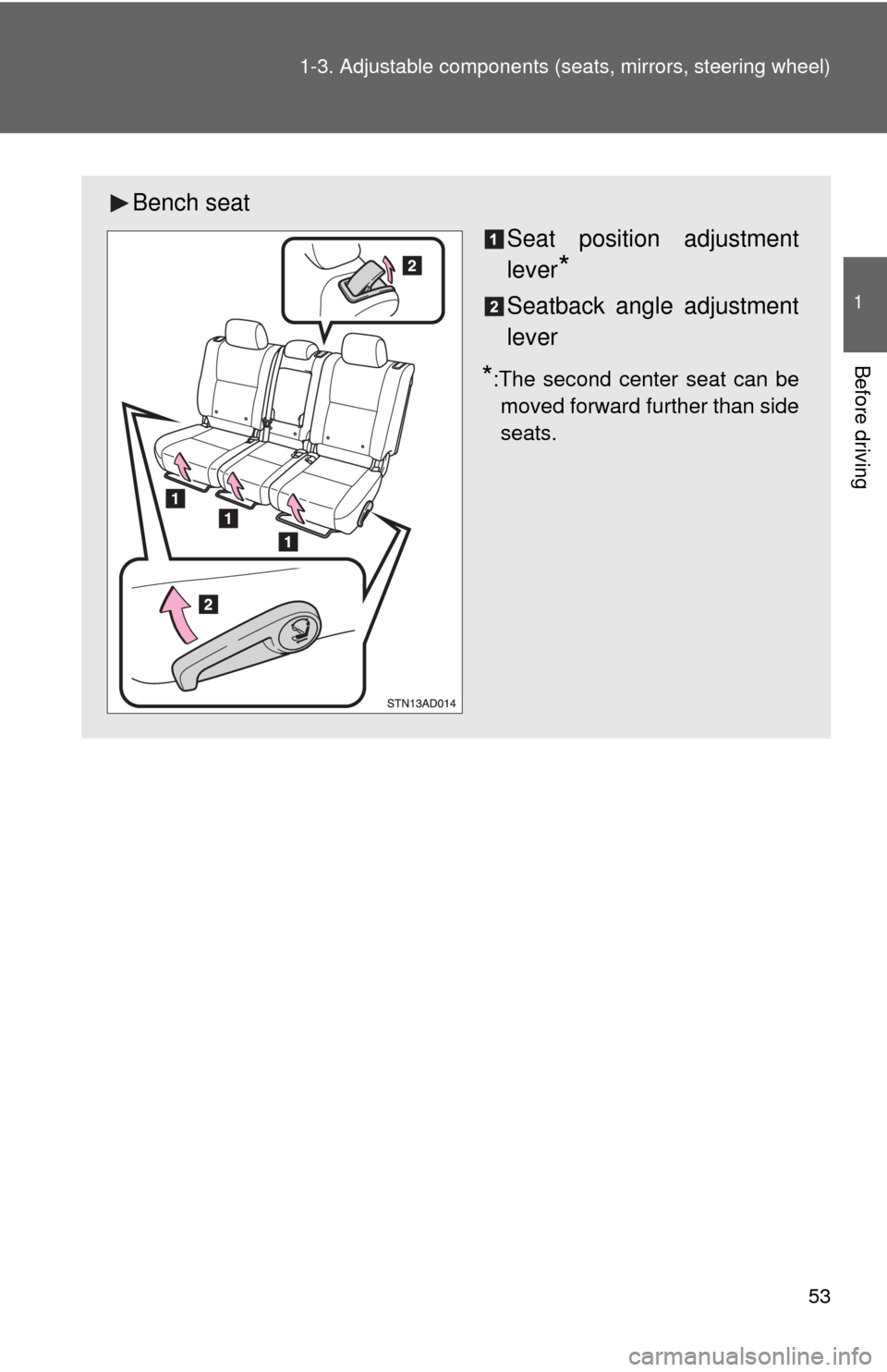 TOYOTA SEQUOIA 2014 2.G Owners Manual 53
1-3. Adjustable components (s
eats, mirrors, steering wheel)
1
Before driving
Bench seat
Seat position adjustment
lever
*
Seatback angle adjustment
lever
*:The second center seat can bemoved forwar