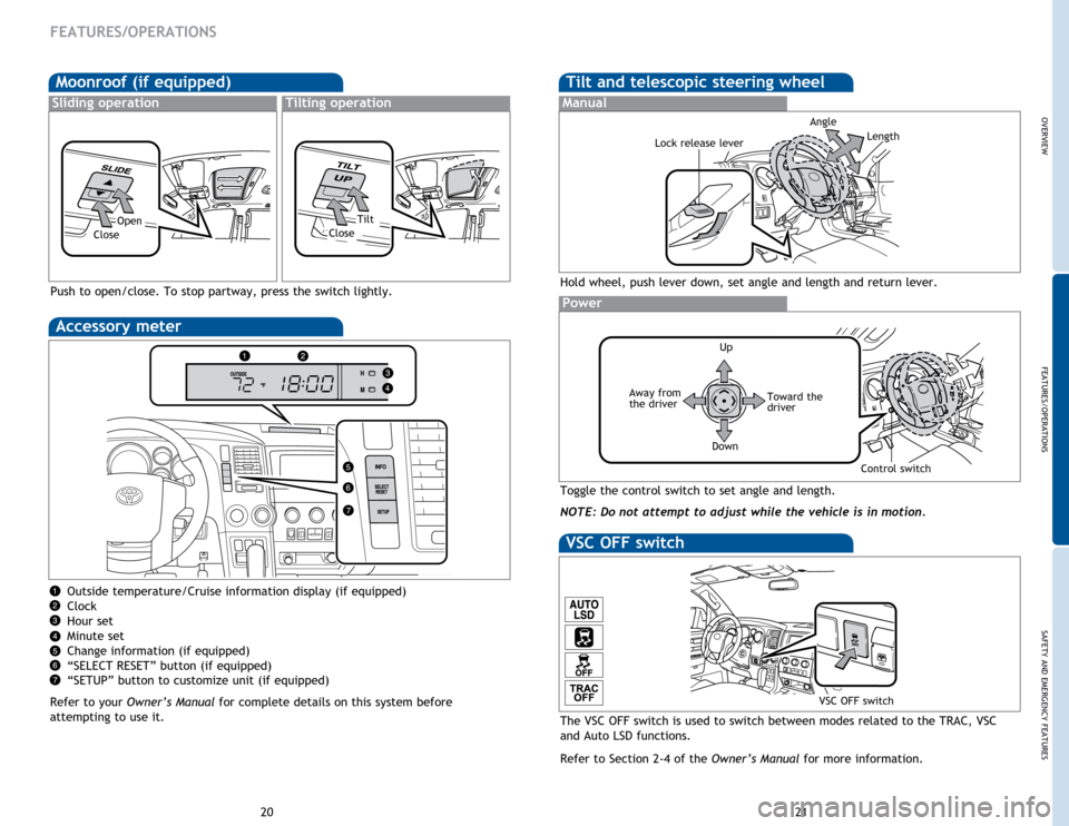 TOYOTA SEQUOIA 2014 2.G Quick Reference Guide OVERVIEW
FEATURES/OPERATIONS
SAFETY AND EMERGENCY FEATURES
21
20
Moonroof (if equipped)
Sliding operationTilting operation
OpenTilt
CloseClose
FEATURES/OPERATIONS
Tilt and telescopic steering wheel
Ho TOYOTA SEQUOIA 2014 2.G Quick Reference Guide OVERVIEW
FEATURES/OPERATIONS
SAFETY AND EMERGENCY FEATURES
21
20
Moonroof (if equipped)
Sliding operationTilting operation
OpenTilt
CloseClose
FEATURES/OPERATIONS
Tilt and telescopic steering wheel
Ho