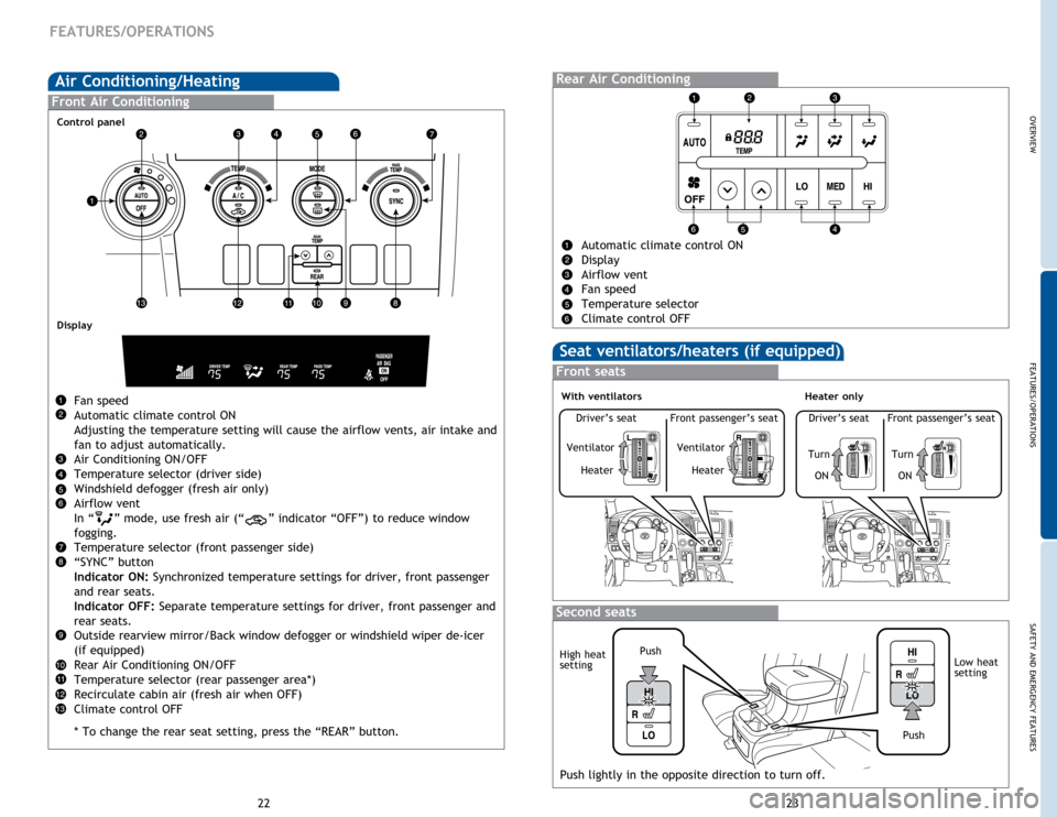 TOYOTA SEQUOIA 2014 2.G Quick Reference Guide OVERVIEW
FEATURES/OPERATIONS
SAFETY AND EMERGENCY FEATURES
23
22
Front Air Conditioning
Fan speed
Automatic climate control ON
Adjusting the temperature setting will cause the airflow vents, air intak