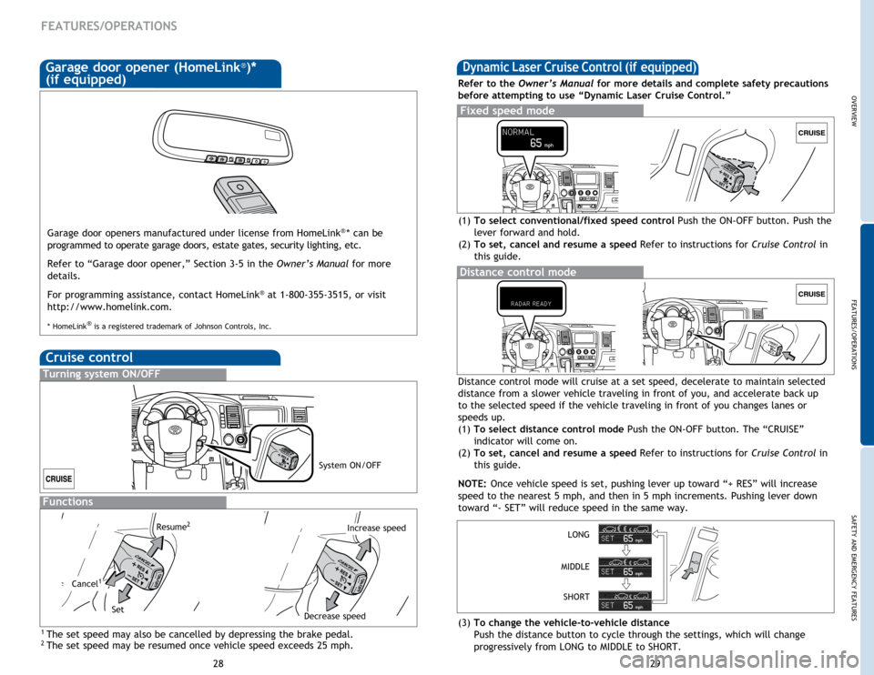 TOYOTA SEQUOIA 2014 2.G Quick Reference Guide OVERVIEW
FEATURES/OPERATIONS
SAFETY AND EMERGENCY FEATURES
29
28
FEATURES/OPERATIONS
Distance control mode will cruise at a set speed, decelerate to maintain selected
distance from a slower vehicle t TOYOTA SEQUOIA 2014 2.G Quick Reference Guide OVERVIEW
FEATURES/OPERATIONS
SAFETY AND EMERGENCY FEATURES
29
28
FEATURES/OPERATIONS
Distance control mode will cruise at a set speed, decelerate to maintain selected
distance from a slower vehicle t