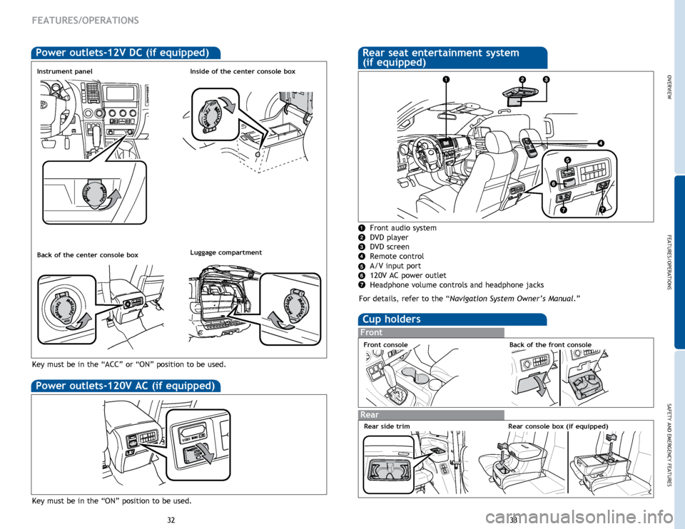 TOYOTA SEQUOIA 2014 2.G Quick Reference Guide OVERVIEW
FEATURES/OPERATIONS
SAFETY AND EMERGENCY FEATURES
33
32
Cup holders
Front
Rear
Front consoleBack of the front console
Rear console box (if equipped)
FEATURES/OPERATIONS
Power outlets-120V AC 