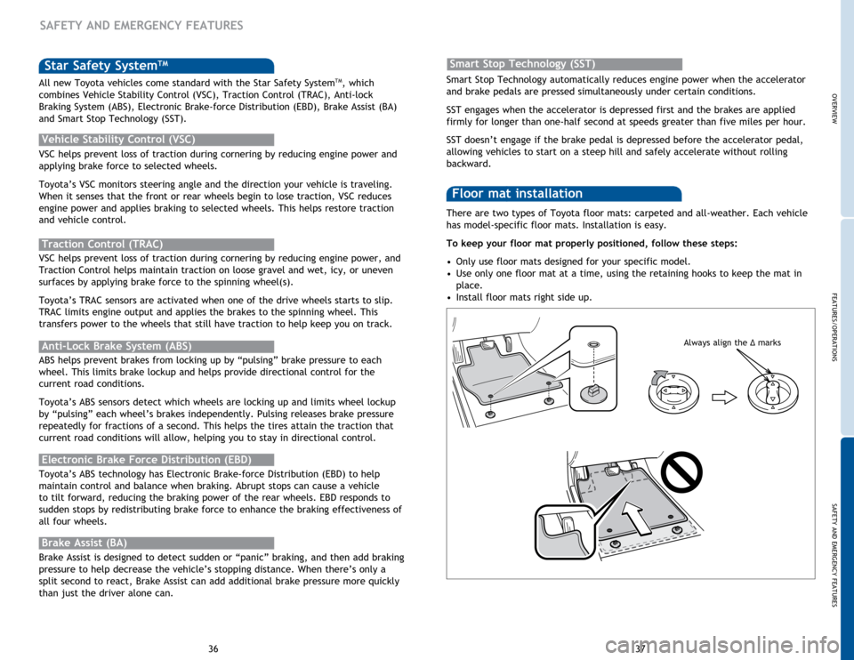 TOYOTA SEQUOIA 2014 2.G Quick Reference Guide OVERVIEW
FEATURES/OPERATIONS
SAFETY AND EMERGENCY FEATURES
37
36 There are two types of Toyota floor mats: carpeted and all-weather. Each vehicle 
has model-specific floor mats. Installation is easy. 