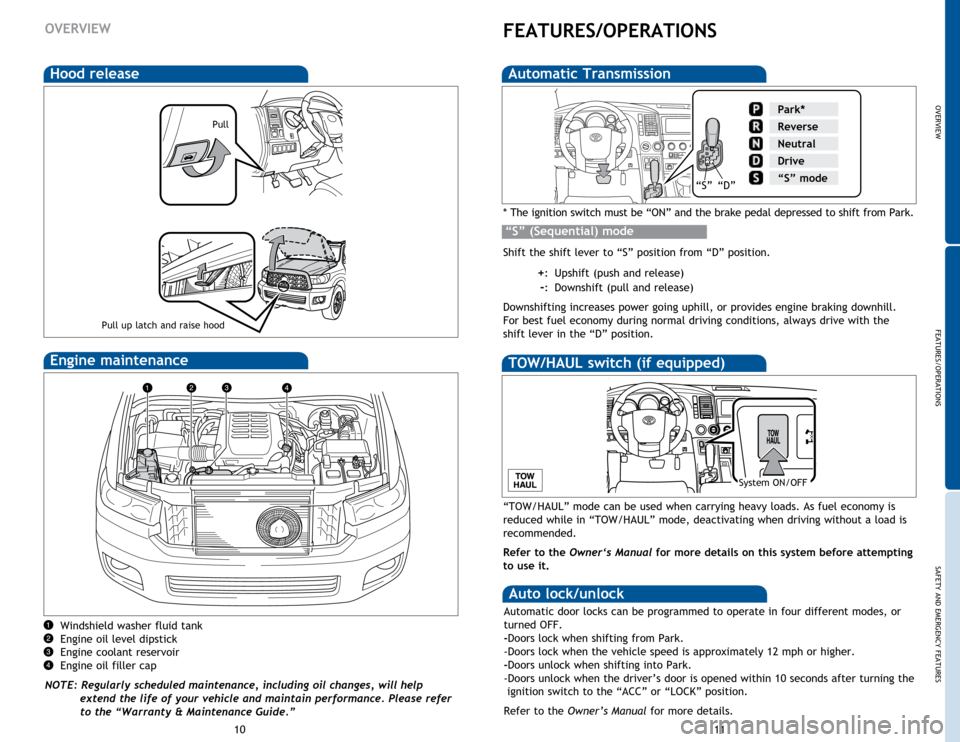 TOYOTA SEQUOIA 2014 2.G Quick Reference Guide OVERVIEW
FEATURES/OPERATIONS
SAFETY AND EMERGENCY FEATURES
11
10
Windshield washer fluid tank
Engine oil level dipstick
Engine coolant reservoir
Engine oil filler cap
NOTE: Regularly scheduled mainten TOYOTA SEQUOIA 2014 2.G Quick Reference Guide OVERVIEW
FEATURES/OPERATIONS
SAFETY AND EMERGENCY FEATURES
11
10
Windshield washer fluid tank
Engine oil level dipstick
Engine coolant reservoir
Engine oil filler cap
NOTE: Regularly scheduled mainten
