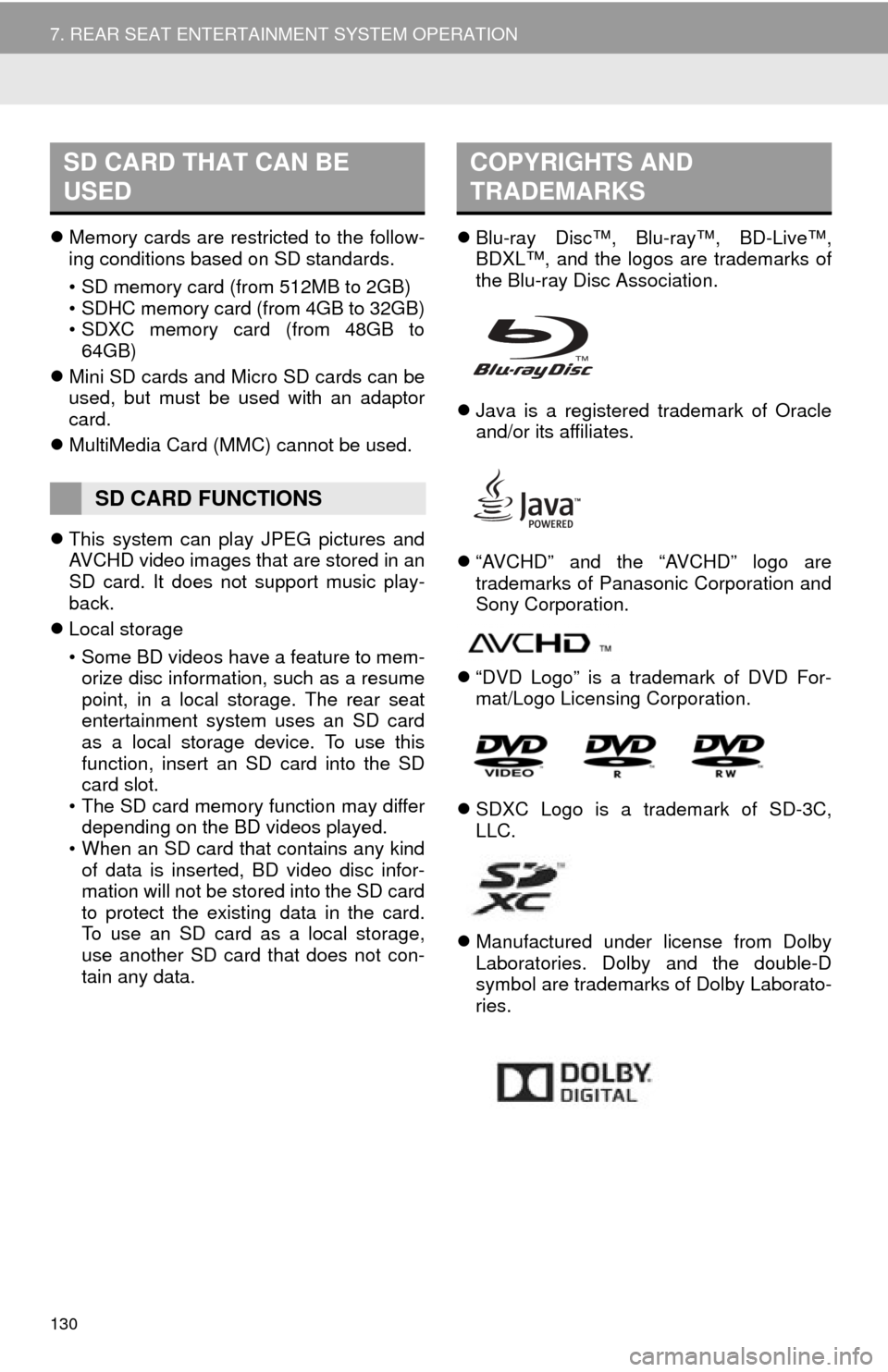TOYOTA SEQUOIA 2015 2.G Navigation Manual 130
7. REAR SEAT ENTERTAINMENT SYSTEM OPERATION
Memory cards are restricted to the follow-
ing conditions based on SD standards.
• SD memory card (from 512MB to 2GB)
• SDHC memory card (from 4G