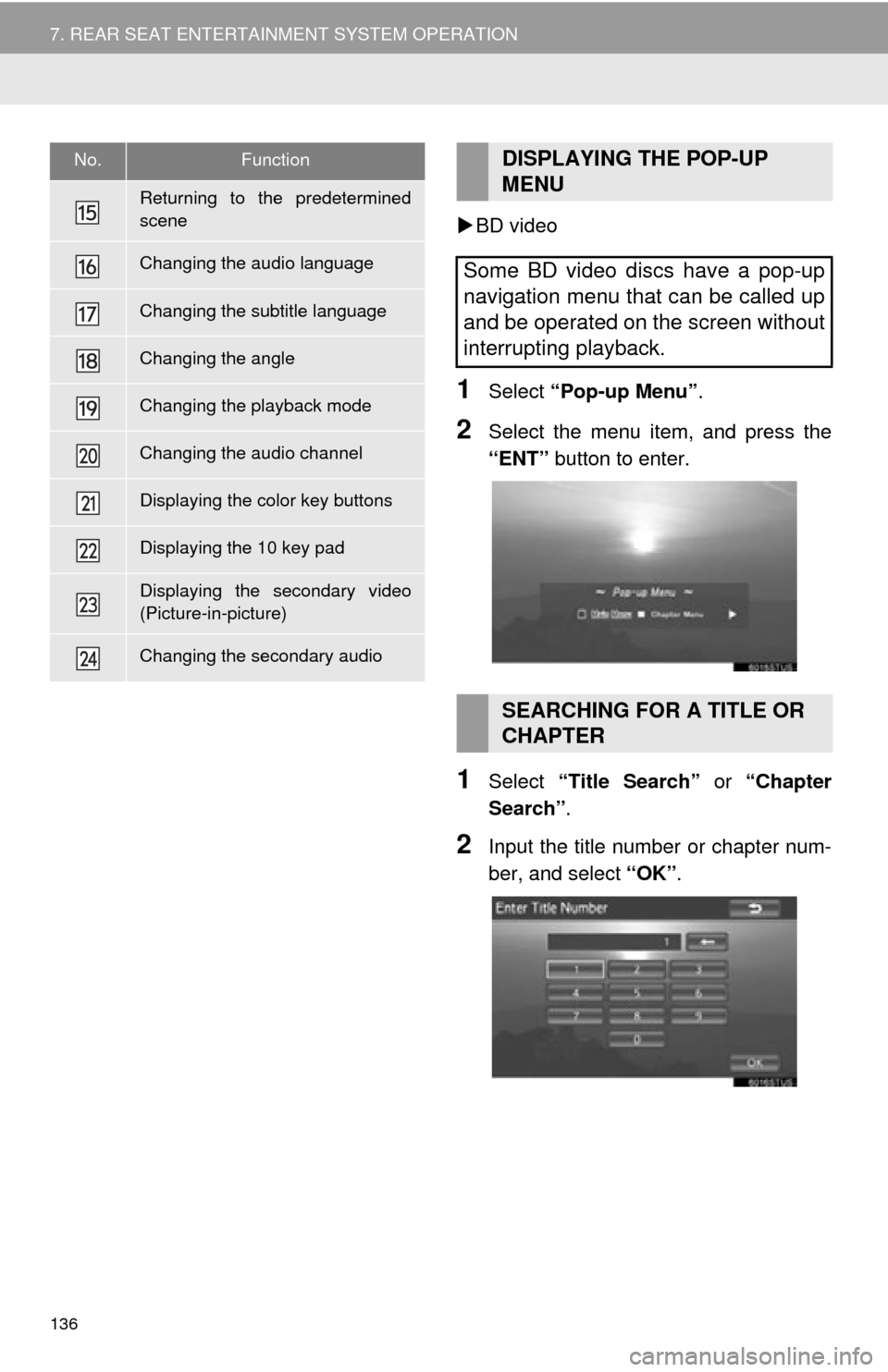 TOYOTA SEQUOIA 2015 2.G Navigation Manual 136
7. REAR SEAT ENTERTAINMENT SYSTEM OPERATION
BD video
1Select “Pop-up Menu” .
2Select the menu item, and press the
“ENT” button to enter.
1Select “Title Search” or “Chapter
Searc TOYOTA SEQUOIA 2015 2.G Navigation Manual 136
7. REAR SEAT ENTERTAINMENT SYSTEM OPERATION
BD video
1Select “Pop-up Menu” .
2Select the menu item, and press the
“ENT” button to enter.
1Select “Title Search” or “Chapter
Searc