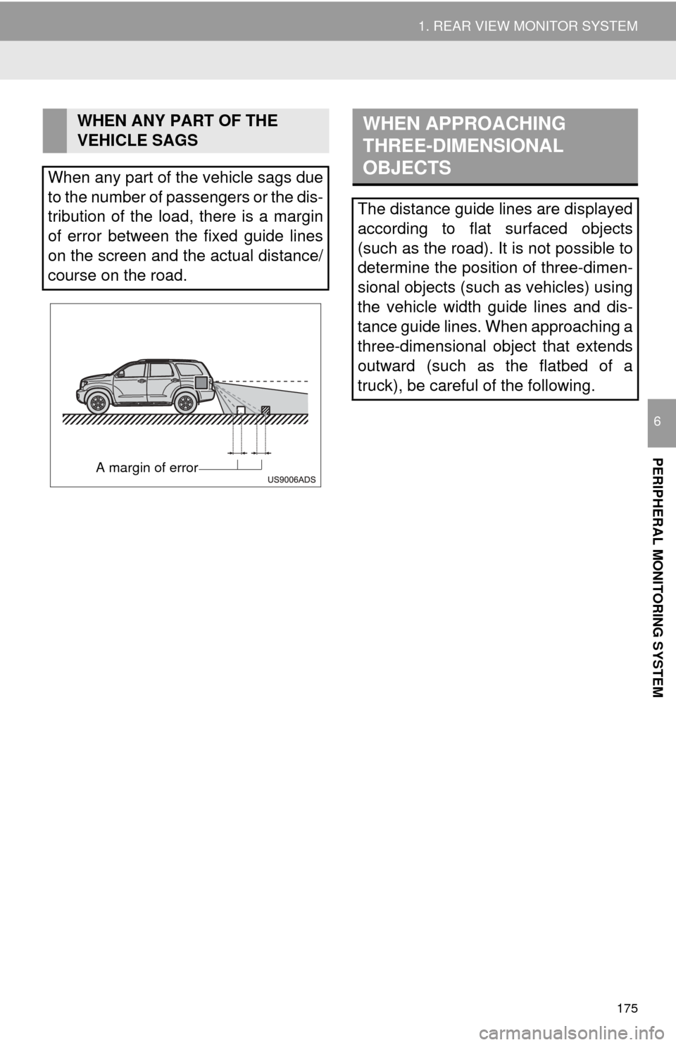 TOYOTA SEQUOIA 2015 2.G Navigation Manual 175
1. REAR VIEW MONITOR SYSTEM
PERIPHERAL MONITORING SYSTEM
6
WHEN ANY PART OF THE
VEHICLE SAGS
When any part of the vehicle sags due
to the number of passengers or the dis-
tribution of the load, t TOYOTA SEQUOIA 2015 2.G Navigation Manual 175
1. REAR VIEW MONITOR SYSTEM
PERIPHERAL MONITORING SYSTEM
6
WHEN ANY PART OF THE
VEHICLE SAGS
When any part of the vehicle sags due
to the number of passengers or the dis-
tribution of the load, t