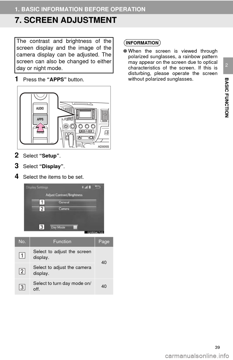TOYOTA SEQUOIA 2015 2.G Navigation Manual 39
1. BASIC INFORMATION BEFORE OPERATION
BASIC FUNCTION
2
7. SCREEN ADJUSTMENT
1Press the “APPS” button.
2Select “Setup” .
3Select “Display” .
4Select the items to be set.
The contrast and TOYOTA SEQUOIA 2015 2.G Navigation Manual 39
1. BASIC INFORMATION BEFORE OPERATION
BASIC FUNCTION
2
7. SCREEN ADJUSTMENT
1Press the “APPS” button.
2Select “Setup” .
3Select “Display” .
4Select the items to be set.
The contrast and