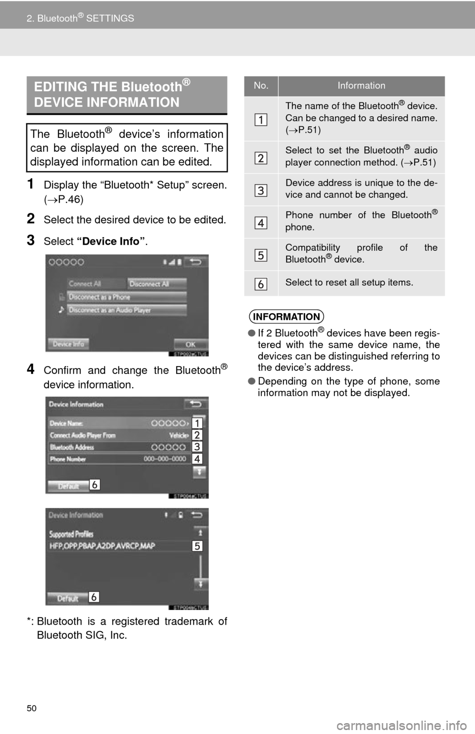 TOYOTA SEQUOIA 2015 2.G Navigation Manual 50
2. Bluetooth® SETTINGS
1Display the “Bluetooth* Setup” screen.
(P.46)
2Select the desired device to be edited.
3Select “Device Info” .
4Confirm and change the Bluetooth®
device informa