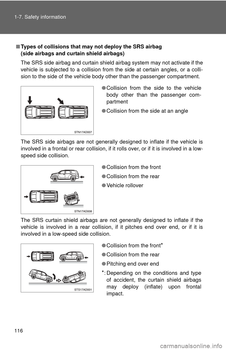 TOYOTA SEQUOIA 2015 2.G Owners Manual 116 1-7. Safety information
■Types of collisions that may not deploy the SRS airbag
(side airbags and curtain shield airbags)
The SRS side airbag and curtain shield airbag system may not activate i TOYOTA SEQUOIA 2015 2.G Owners Manual 116 1-7. Safety information
■Types of collisions that may not deploy the SRS airbag
(side airbags and curtain shield airbags)
The SRS side airbag and curtain shield airbag system may not activate i