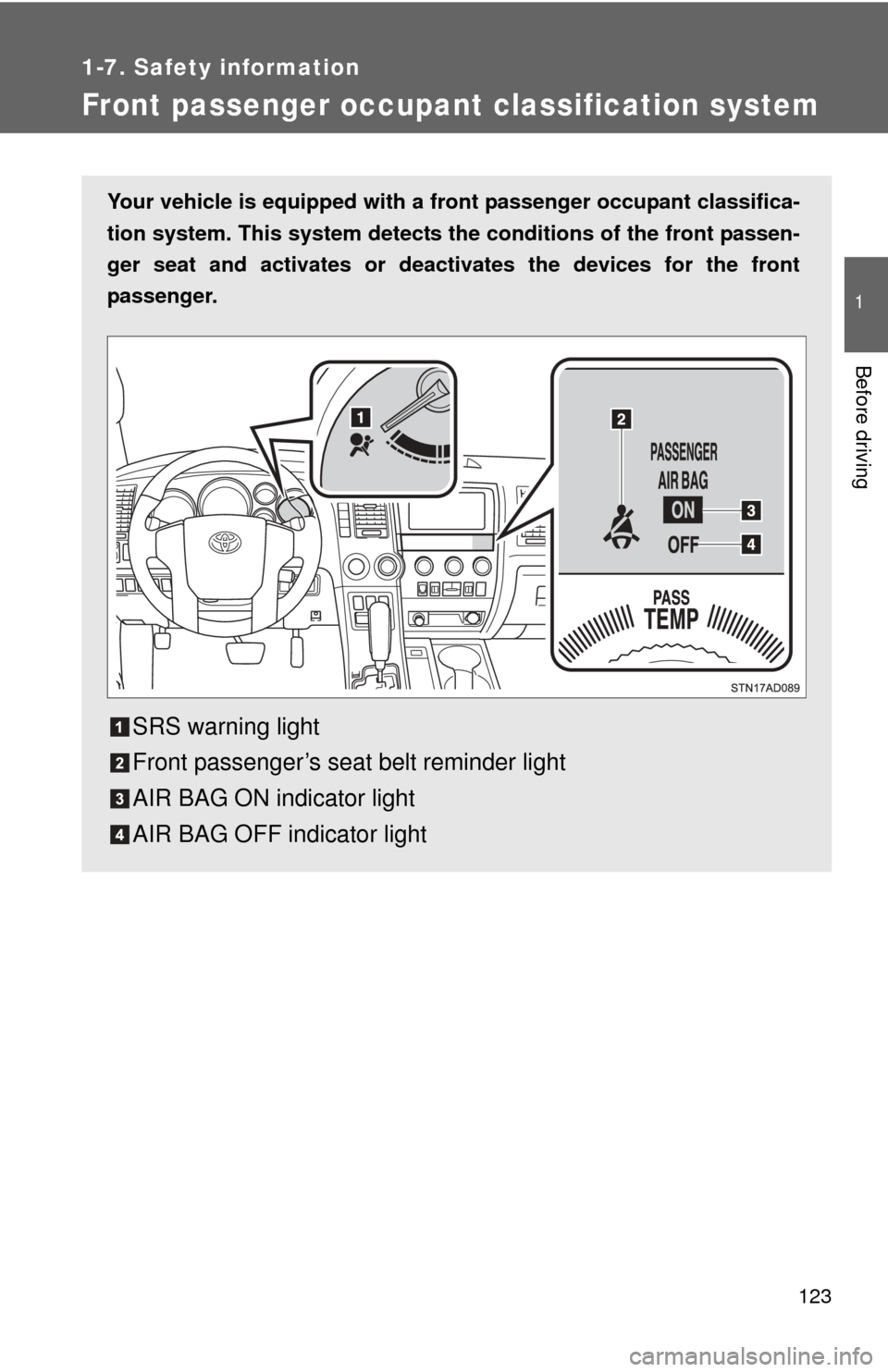 TOYOTA SEQUOIA 2015 2.G Owners Manual 123
1
1-7. Safety information
Before driving
Front passenger occupant classification system
Your vehicle is equipped with a front passenger occupant classifica-
tion system. This system detects the co TOYOTA SEQUOIA 2015 2.G Owners Manual 123
1
1-7. Safety information
Before driving
Front passenger occupant classification system
Your vehicle is equipped with a front passenger occupant classifica-
tion system. This system detects the co