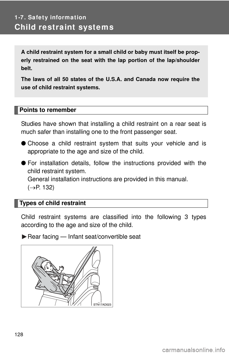 TOYOTA SEQUOIA 2015 2.G Owners Manual 128
1-7. Safety information
Child restraint systems
Points to rememberStudies have shown that installing a child restraint on a rear seat is
much safer than installing one to the front passenger seat TOYOTA SEQUOIA 2015 2.G Owners Manual 128
1-7. Safety information
Child restraint systems
Points to rememberStudies have shown that installing a child restraint on a rear seat is
much safer than installing one to the front passenger seat