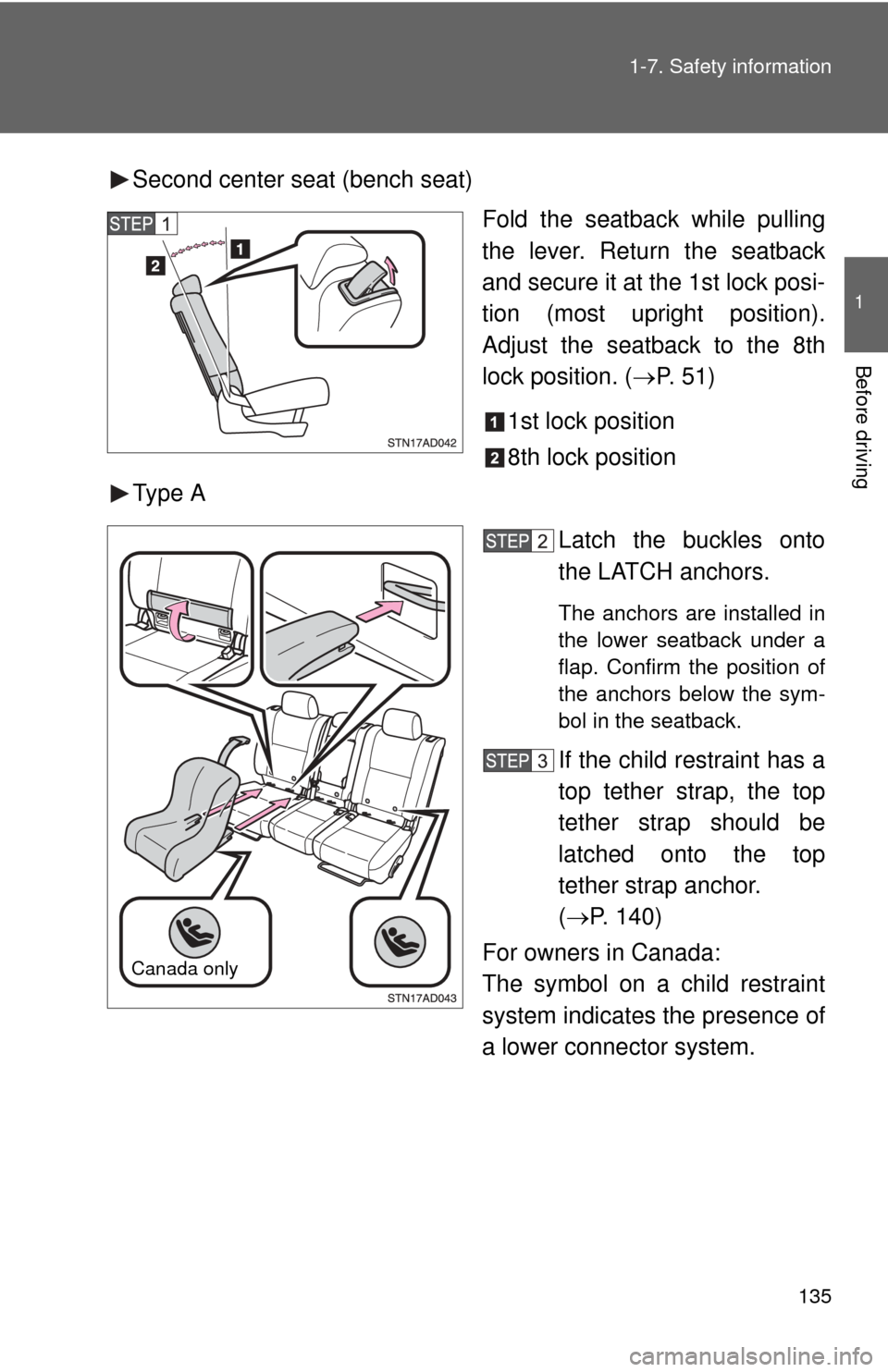 TOYOTA SEQUOIA 2015 2.G Owners Manual 135
1-7. Safety information
1
Before driving
Second center seat (bench seat)
Fold the seatback while pulling
the lever. Return the seatback
and secure it at the 1st lock posi-
tion (most upright posit
