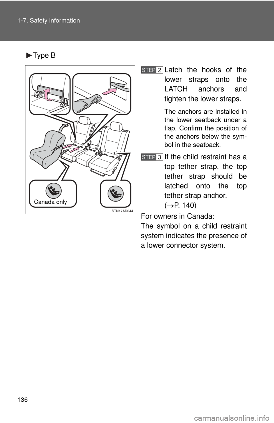 TOYOTA SEQUOIA 2015 2.G Owners Manual 136 1-7. Safety information
Type BLatch the hooks of the
lower straps onto the
LATCH anchors and
tighten the lower straps.
The anchors are installed in
the lower seatback under a
flap. Confirm the pos