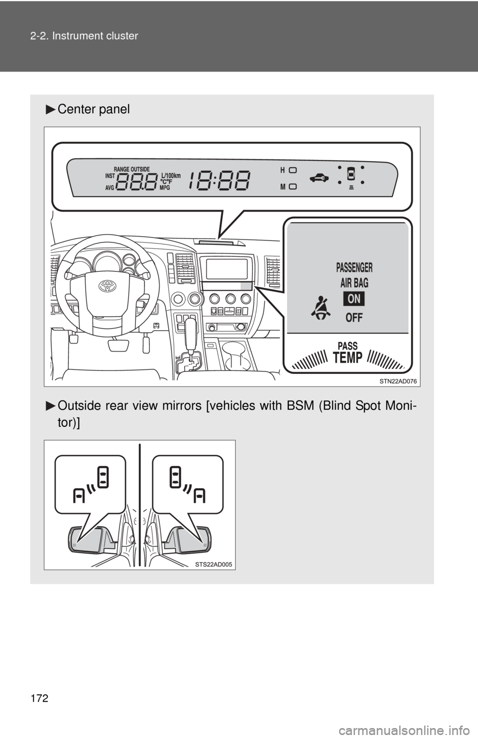 TOYOTA SEQUOIA 2015 2.G Owners Manual 172 2-2. Instrument cluster
Center panel
Outside rear view mirrors [vehicles with BSM (Blind Spot Moni-
tor)] 