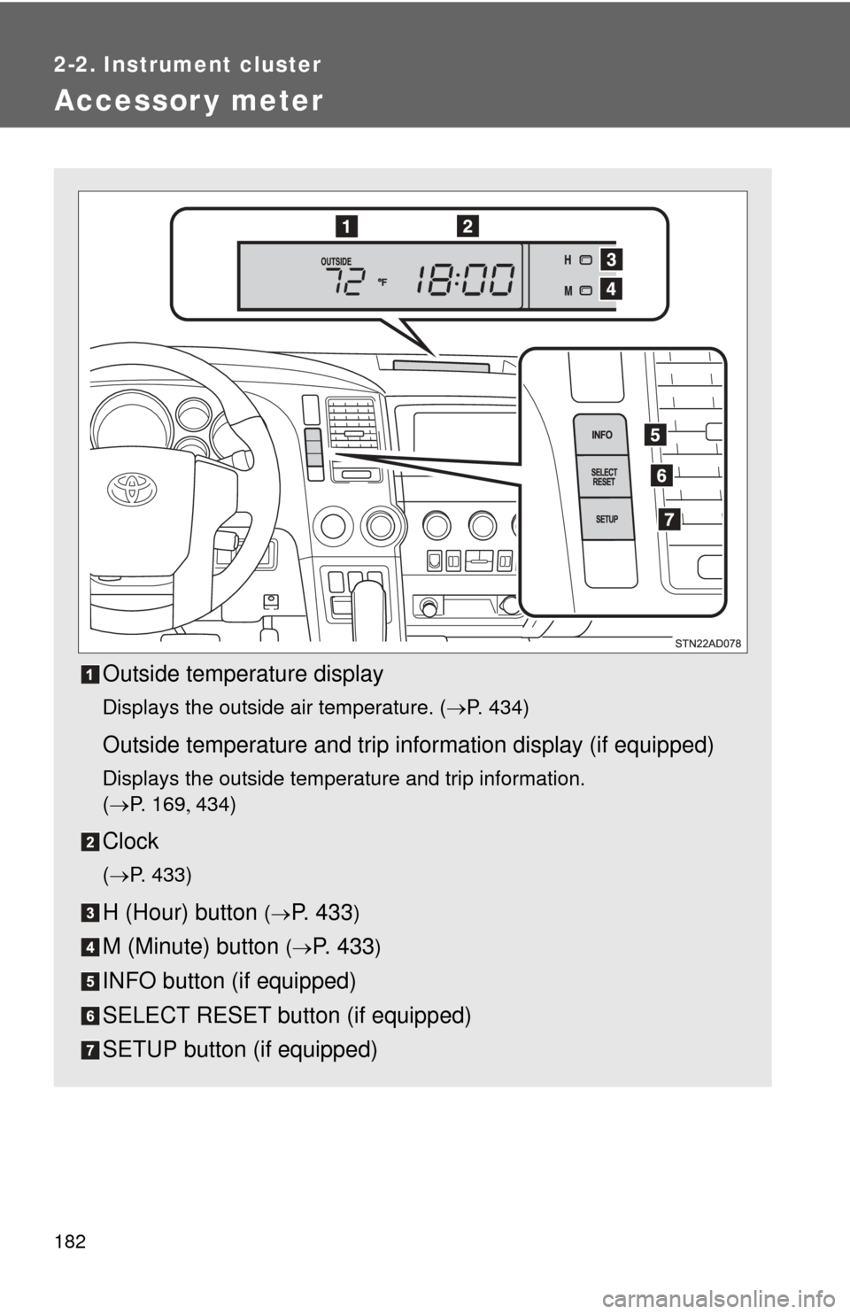 TOYOTA SEQUOIA 2015 2.G Owners Manual 182
2-2. Instrument cluster
Accessor y meter
Outside temperature display
Displays the outside air temperature. (P. 434)
Outside temperature and trip information display (if equipped)
Displays the o