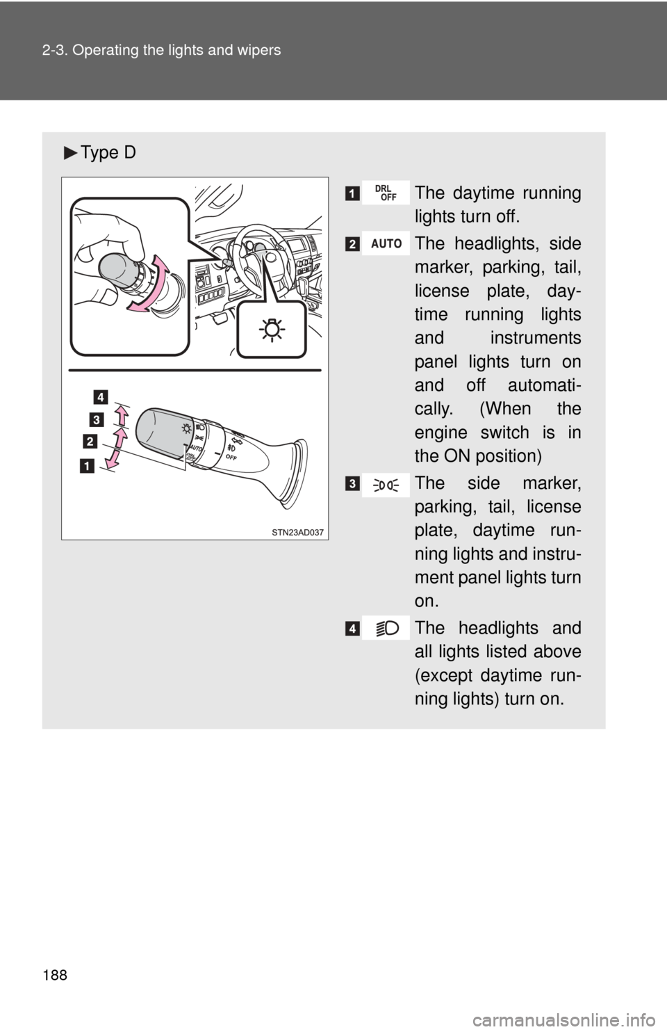 TOYOTA SEQUOIA 2015 2.G Repair Manual 188 2-3. Operating the lights and wipers
Ty p e DThe daytime running
lights turn off.
The headlights, side
marker, parking, tail,
license plate, day-
time running lights
and instruments
panel lights TOYOTA SEQUOIA 2015 2.G Repair Manual 188 2-3. Operating the lights and wipers
Ty p e DThe daytime running
lights turn off.
The headlights, side
marker, parking, tail,
license plate, day-
time running lights
and instruments
panel lights