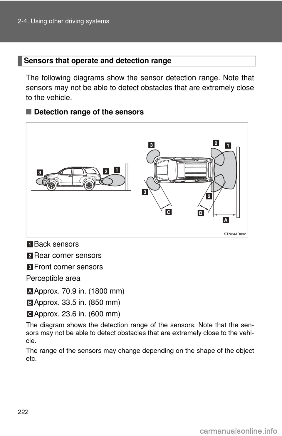 TOYOTA SEQUOIA 2015 2.G User Guide 222 2-4. Using other driving systems
Sensors that operate and detection rangeThe following diagrams show the sensor detection range. Note that
sensors may not be able to detect obstacles that are extr TOYOTA SEQUOIA 2015 2.G User Guide 222 2-4. Using other driving systems
Sensors that operate and detection rangeThe following diagrams show the sensor detection range. Note that
sensors may not be able to detect obstacles that are extr