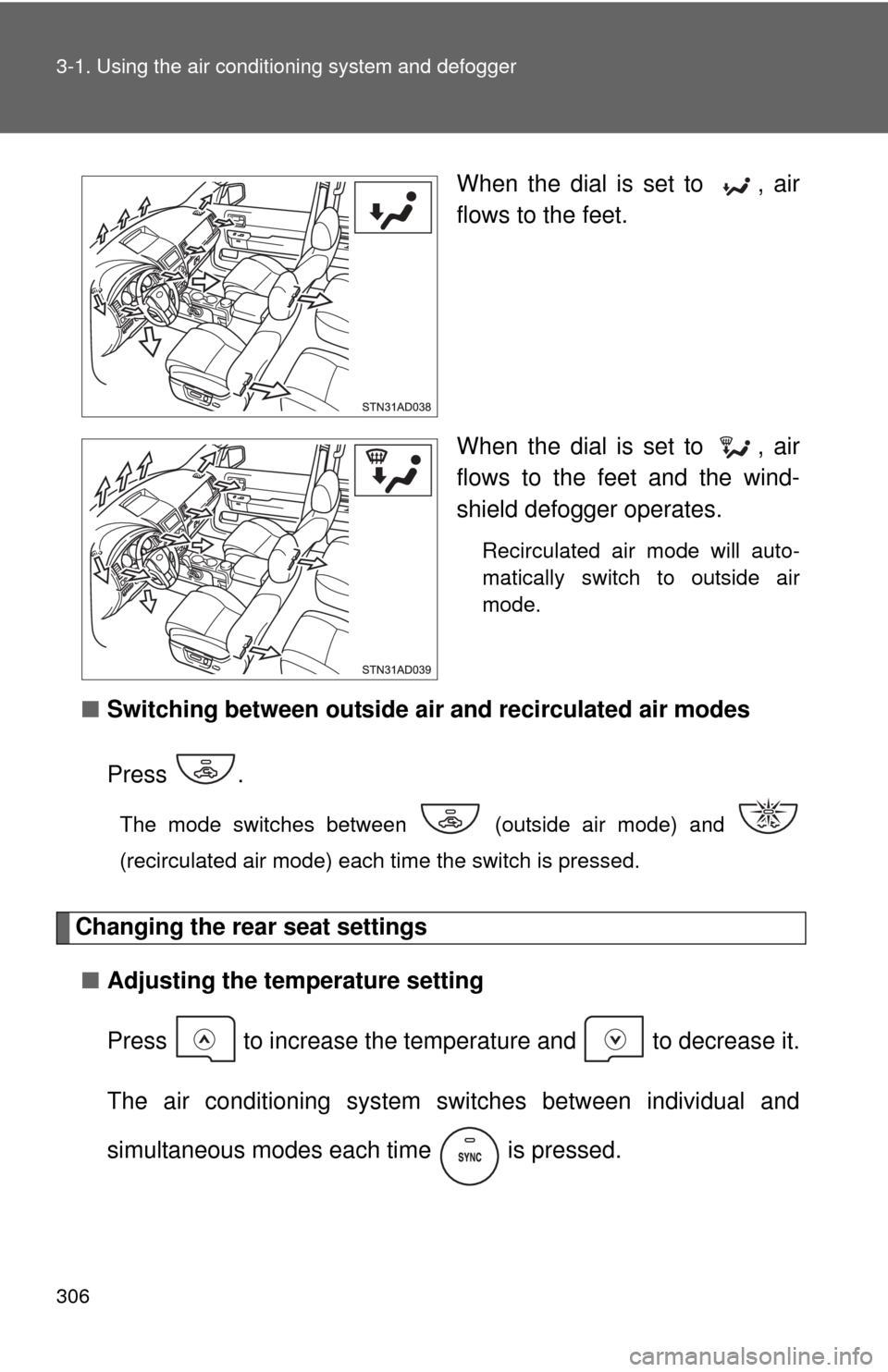 TOYOTA SEQUOIA 2015 2.G Owners Manual 306 3-1. Using the air conditioning system and defogger
When the dial is set to , air
flows to the feet.
When the dial is set to , air
flows to the feet and the wind-
shield defogger operates.
Recir TOYOTA SEQUOIA 2015 2.G Owners Manual 306 3-1. Using the air conditioning system and defogger
When the dial is set to , air
flows to the feet.
When the dial is set to , air
flows to the feet and the wind-
shield defogger operates.
Recir