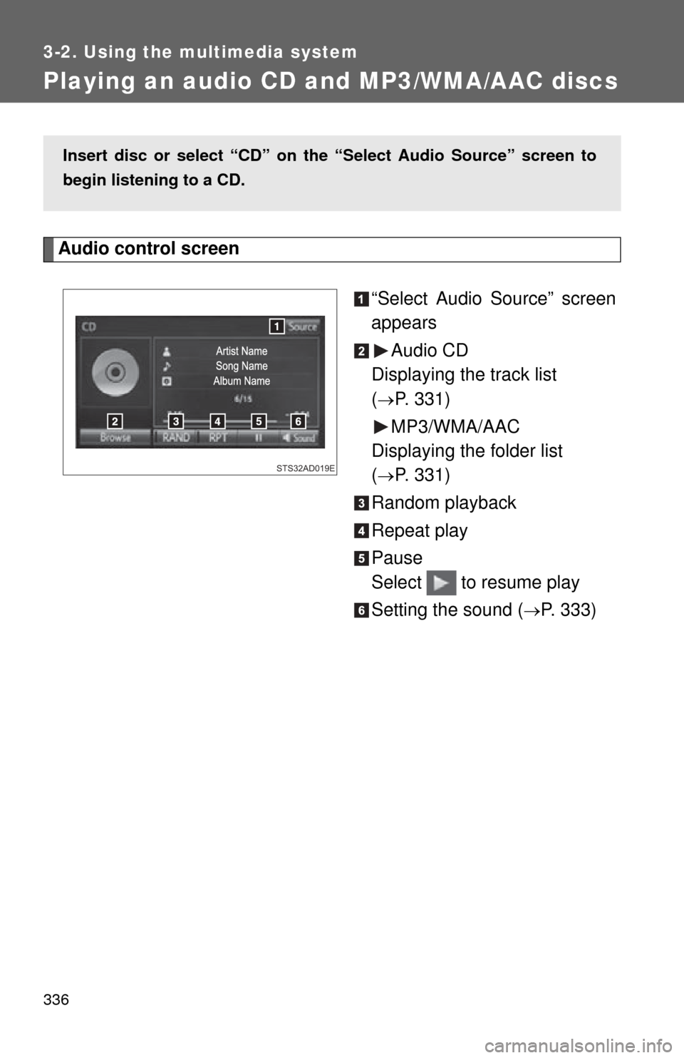 TOYOTA SEQUOIA 2015 2.G Workshop Manual 336
3-2. Using the multimedia system
Playing an audio CD and MP3/WMA/AAC discs
Audio control screen“Select Audio Source” screen
appearsAudio CD
Displaying the track list
(
P. 331)
MP3/WMA/AAC
TOYOTA SEQUOIA 2015 2.G Workshop Manual 336
3-2. Using the multimedia system
Playing an audio CD and MP3/WMA/AAC discs
Audio control screen“Select Audio Source” screen
appearsAudio CD
Displaying the track list
(
P. 331)
MP3/WMA/AAC