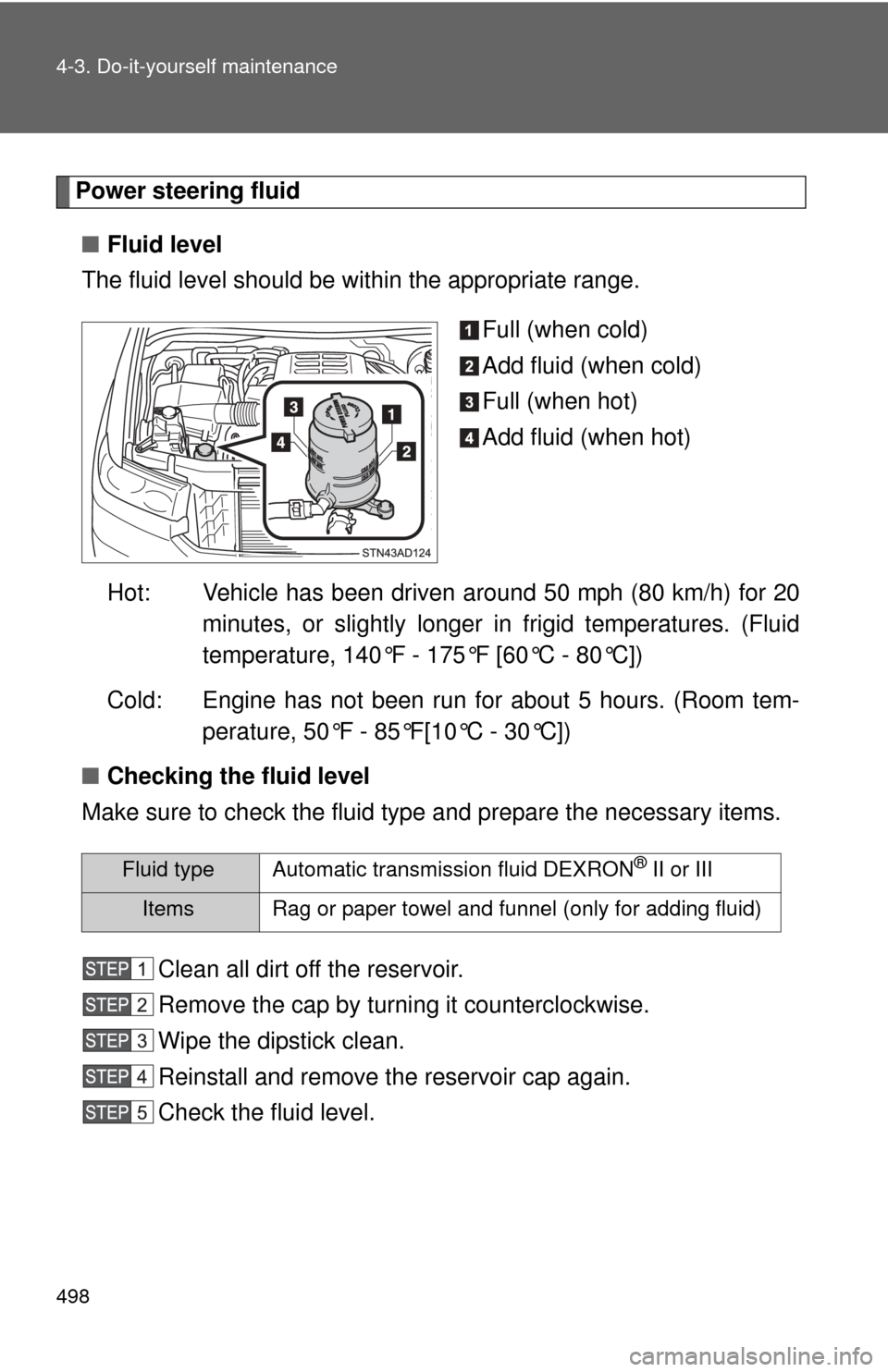 TOYOTA SEQUOIA 2015 2.G Owners Manual 498 4-3. Do-it-yourself maintenance
Power steering fluid■ Fluid level
The fluid level should be within the appropriate range.
Full (when cold)
Add fluid (when cold)
Full (when hot)
Add fluid (when h TOYOTA SEQUOIA 2015 2.G Owners Manual 498 4-3. Do-it-yourself maintenance
Power steering fluid■ Fluid level
The fluid level should be within the appropriate range.
Full (when cold)
Add fluid (when cold)
Full (when hot)
Add fluid (when h