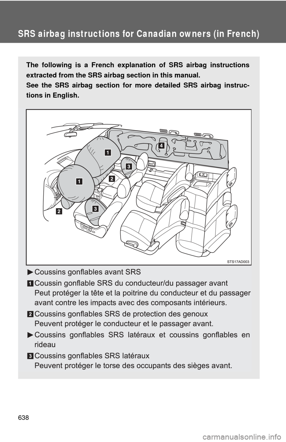 TOYOTA SEQUOIA 2015 2.G Owners Manual 638
SRS airbag instructions for Canadian owners (in French)
The following is a French explanation of SRS airbag instructions
extracted from the SRS airbag section in this manual.
See the SRS airbag se