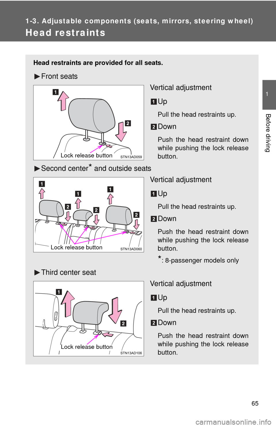 TOYOTA SEQUOIA 2015 2.G Repair Manual 65
1
1-3. Adjustable components (seats, mirrors, steering wheel)
Before driving
Head restraints
Head restraints are provided for all seats.
Front seatsVertical adjustment
Up
Pull the head restraints u TOYOTA SEQUOIA 2015 2.G Repair Manual 65
1
1-3. Adjustable components (seats, mirrors, steering wheel)
Before driving
Head restraints
Head restraints are provided for all seats.
Front seatsVertical adjustment
Up
Pull the head restraints u