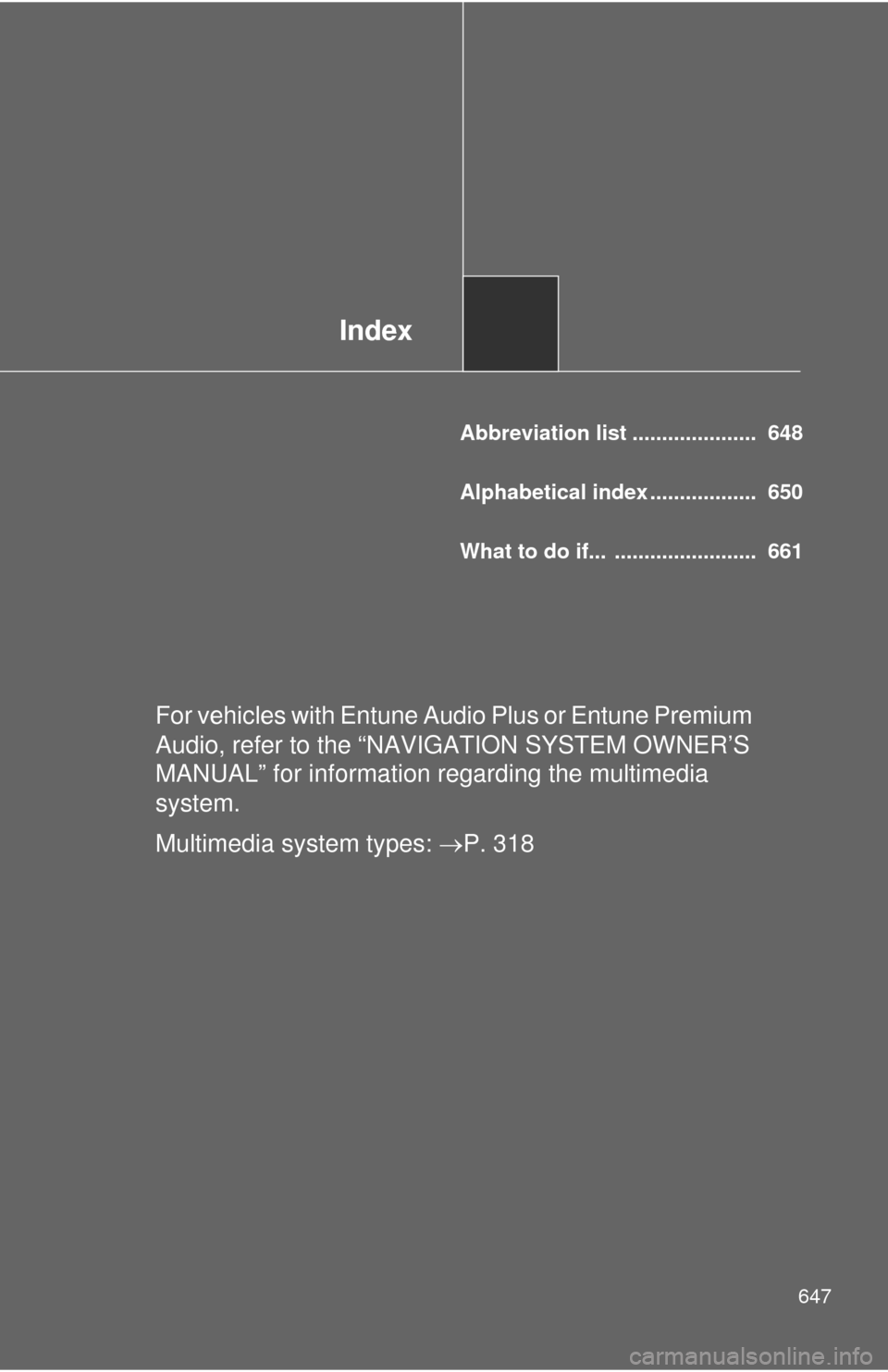 TOYOTA SEQUOIA 2015 2.G User Guide Index
647
Abbreviation list .....................  648
Alphabetical index ..................  650
What to do if...  ........................  661
For vehicles with Entune Audio Plus or Entune Premium 