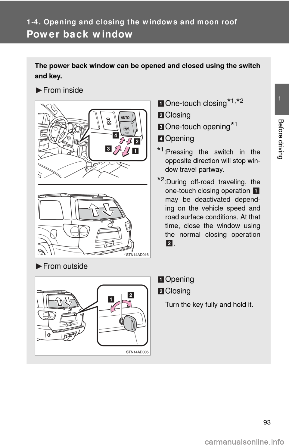 TOYOTA SEQUOIA 2015 2.G User Guide 93
1
1-4. Opening and closing the windows and moon roof
Before driving
Power back window
The power back window can be opened and closed using the switch
and key.
From insideOne-touch closing
*1,*2
Clo