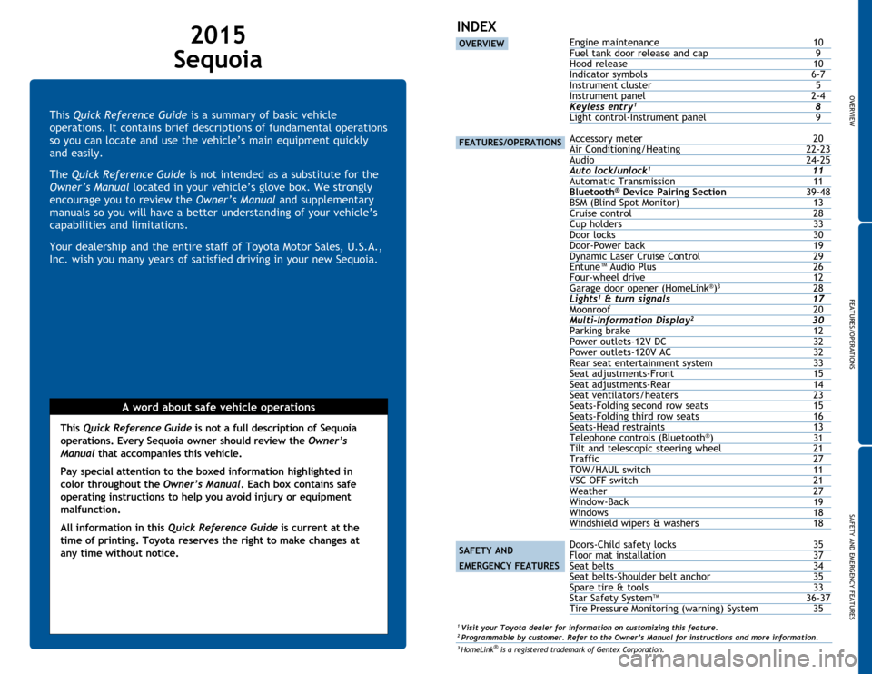 TOYOTA SEQUOIA 2015 2.G Quick Reference Guide OVERVIEW
FEATURES/OPERATIONS
SAFETY AND EMERGENCY FEATURES
1
This Quick Reference Guide is a summary of basic vehicle 
operations. It contains brief descriptions of fundamental operations 
so you can 