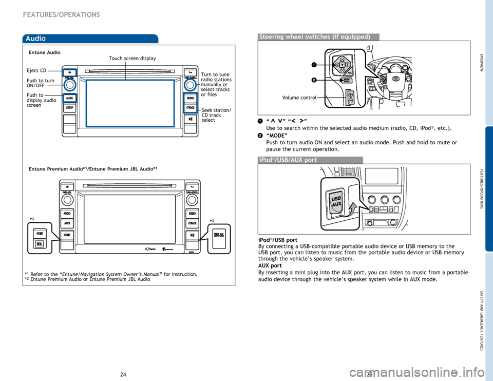 TOYOTA SEQUOIA 2015 2.G Quick Reference Guide OVERVIEWFEATURES/OPERATIONS
SAFETY AND EMERGENCY FEATURES
25
24
FEATURES/OPERATIONS
Audio 
“       ” “       ”
Use to search within the selected audio medium (radio, CD, iPod®, etc.).
“MODE