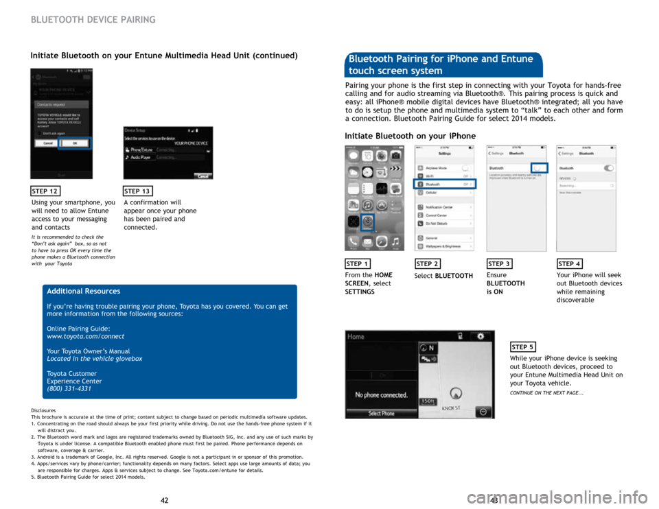 TOYOTA SEQUOIA 2015 2.G Quick Reference Guide 43
42 43
42
STEP 12
BLUETOOTH DEVICE PAIRING
Initiate Bluetooth on your Entune Multimedia Head Unit (continued)
A confirmation will
appear once your phone
has been paired and
connected.
STEP 13
Ad TOYOTA SEQUOIA 2015 2.G Quick Reference Guide 43
42 43
42
STEP 12
BLUETOOTH DEVICE PAIRING
Initiate Bluetooth on your Entune Multimedia Head Unit (continued)
A confirmation will
appear once your phone
has been paired and
connected.
STEP 13
Ad