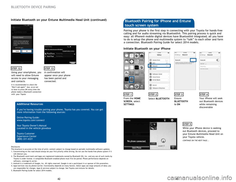 TOYOTA SEQUOIA 2015 2.G Quick Reference Guide 43
42 43
42
STEP 12
BLUETOOTH DEVICE PAIRING
Initiate Bluetooth on your Entune Multimedia Head Unit (continued)
A confirmation will 
appear once your phone 
has been paired and 
connected.
STEP 13
 Ad