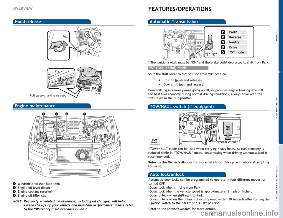 TOYOTA SEQUOIA 2015 2.G Quick Reference Guide OVERVIEW
FEATURES/OPERATIONS
SAFETY AND EMERGENCY FEATURES
11
10
Windshield washer fluid tank
Engine oil level dipstick
Engine coolant reservoir
Engine oil filler cap
NOTE: Regularly scheduled mainten