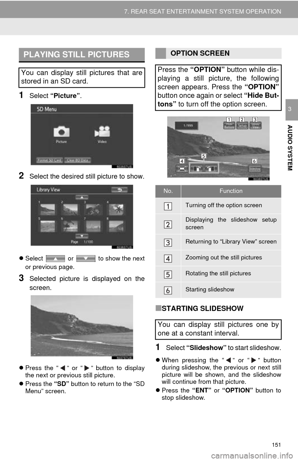 TOYOTA SEQUOIA 2016 2.G Navigation Manual 151
7. REAR SEAT ENTERTAINMENT SYSTEM OPERATION
AUDIO SYSTEM
3
1Select “Picture”.
2Select the desired still picture to show.
Select   or   to show the next
or previous page.
3Selected picture i