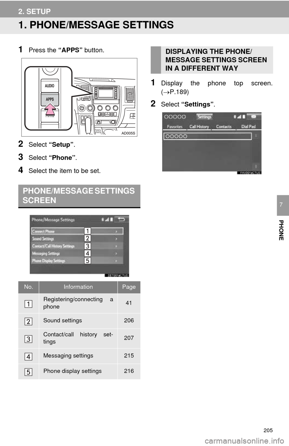 TOYOTA SEQUOIA 2016 2.G Navigation Manual 205
PHONE
7
2. SETUP
1. PHONE/MESSAGE SETTINGS
1Press the “APPS” button.
2Select “Setup” .
3Select “Phone” .
4Select the item to be set.
1Display the phone top screen.
(P.189)
2Select TOYOTA SEQUOIA 2016 2.G Navigation Manual 205
PHONE
7
2. SETUP
1. PHONE/MESSAGE SETTINGS
1Press the “APPS” button.
2Select “Setup” .
3Select “Phone” .
4Select the item to be set.
1Display the phone top screen.
(P.189)
2Select