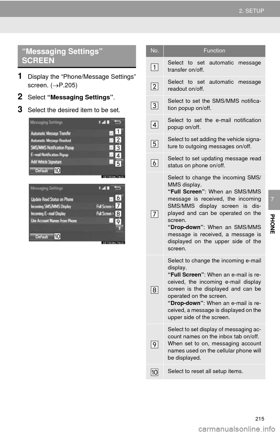 TOYOTA SEQUOIA 2016 2.G Navigation Manual 215
2. SETUP
PHONE
7
1Display the “Phone/Message Settings”
screen. (P.205)
2Select “Messaging Settings” .
3Select the desired item to be set.
“Messaging Settings”
SCREEN No.Function
Se TOYOTA SEQUOIA 2016 2.G Navigation Manual 215
2. SETUP
PHONE
7
1Display the “Phone/Message Settings”
screen. (P.205)
2Select “Messaging Settings” .
3Select the desired item to be set.
“Messaging Settings”
SCREEN No.Function
Se
