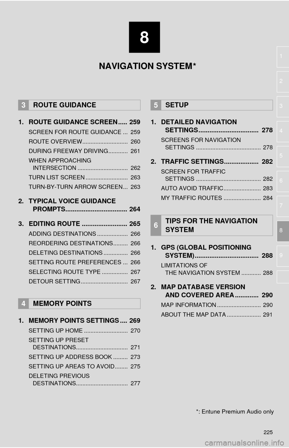 TOYOTA SEQUOIA 2016 2.G Navigation Manual 8
225
1
2
3
4
5
6
7
8
9
1. ROUTE GUIDANCE SCREEN ..... 259
SCREEN FOR ROUTE GUIDANCE ... 259
ROUTE OVERVIEW............................ 260
DURING FREEWAY DRIVING............ 261
WHEN APPROACHING TOYOTA SEQUOIA 2016 2.G Navigation Manual 8
225
1
2
3
4
5
6
7
8
9
1. ROUTE GUIDANCE SCREEN ..... 259
SCREEN FOR ROUTE GUIDANCE ... 259
ROUTE OVERVIEW............................ 260
DURING FREEWAY DRIVING............ 261
WHEN APPROACHING