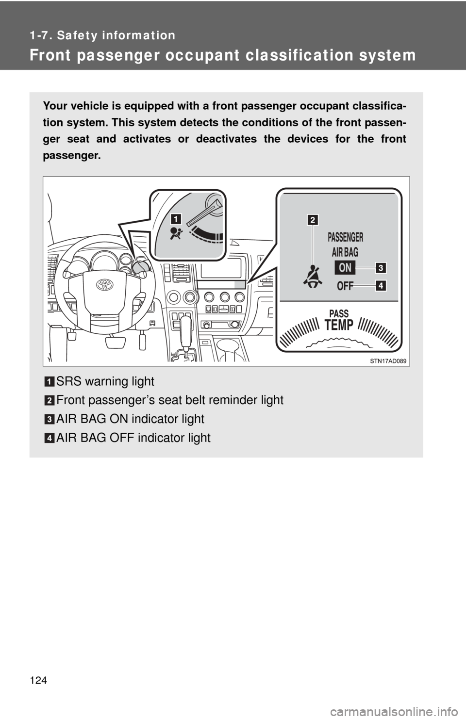 TOYOTA SEQUOIA 2016 2.G Owners Manual 124
1-7. Safety information
Front passenger occupant classification system
Your vehicle is equipped with a front passenger occupant classifica-
tion system. This system detects the conditions of the f TOYOTA SEQUOIA 2016 2.G Owners Manual 124
1-7. Safety information
Front passenger occupant classification system
Your vehicle is equipped with a front passenger occupant classifica-
tion system. This system detects the conditions of the f
