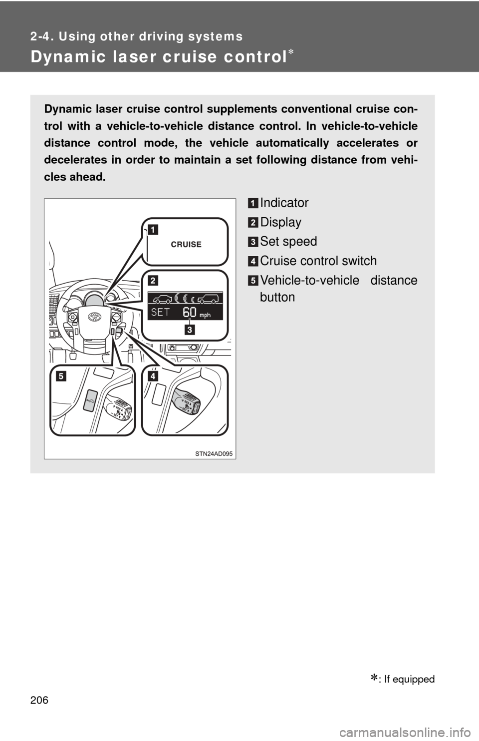 TOYOTA SEQUOIA 2016 2.G Owners Manual 206
2-4. Using other driving systems
Dynamic laser cruise control
: If equipped
Dynamic laser cruise control supplements conventional cruise con-
trol with a vehicle-to-vehicle dist ance control