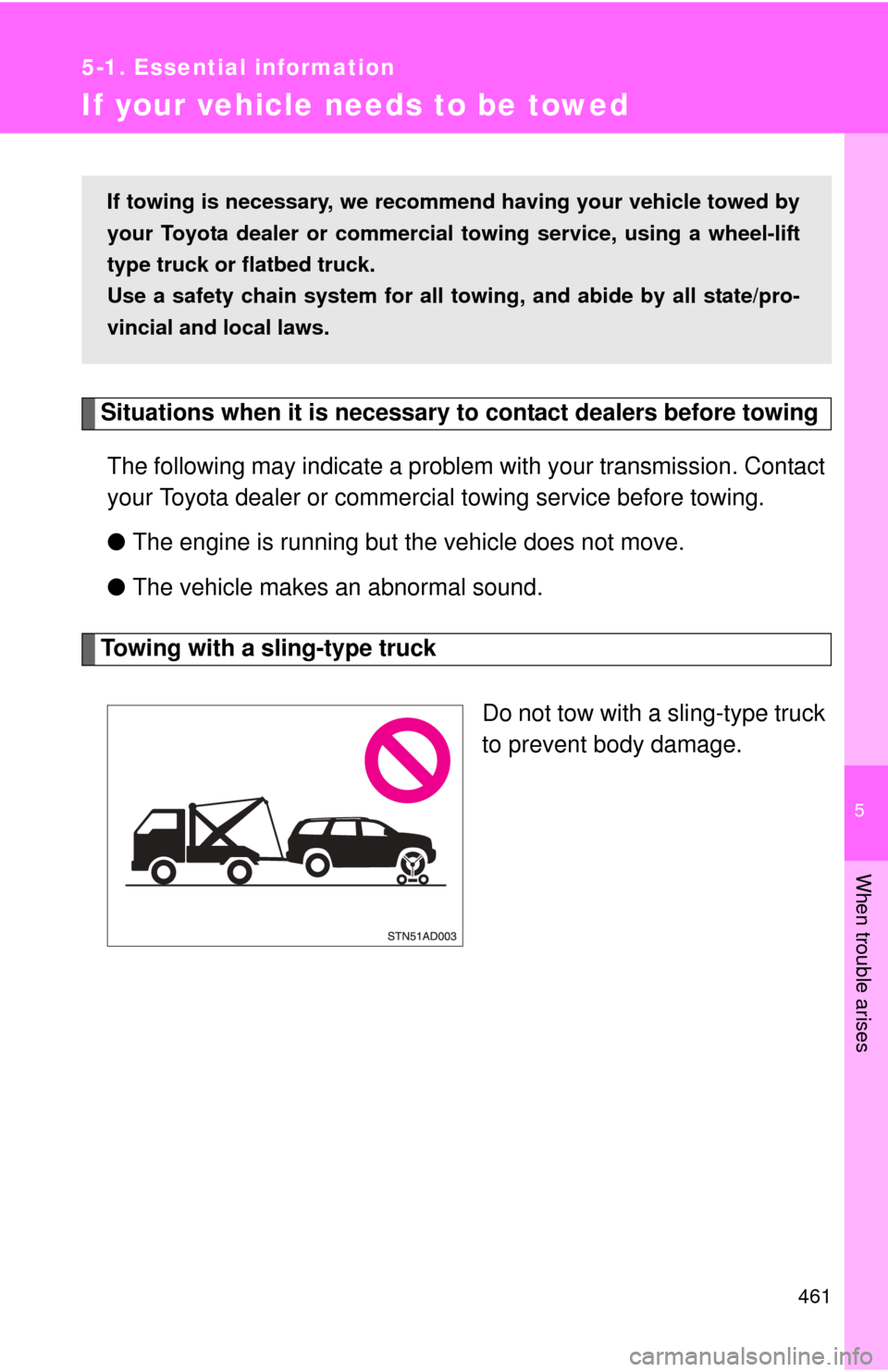 TOYOTA SEQUOIA 2016 2.G Owners Manual 5
When trouble arises
461
5-1. Essential information
If your vehicle needs to be towed
Situations when it is necessary to contact dealers before towingThe following may indicate a problem with your tr TOYOTA SEQUOIA 2016 2.G Owners Manual 5
When trouble arises
461
5-1. Essential information
If your vehicle needs to be towed
Situations when it is necessary to contact dealers before towingThe following may indicate a problem with your tr