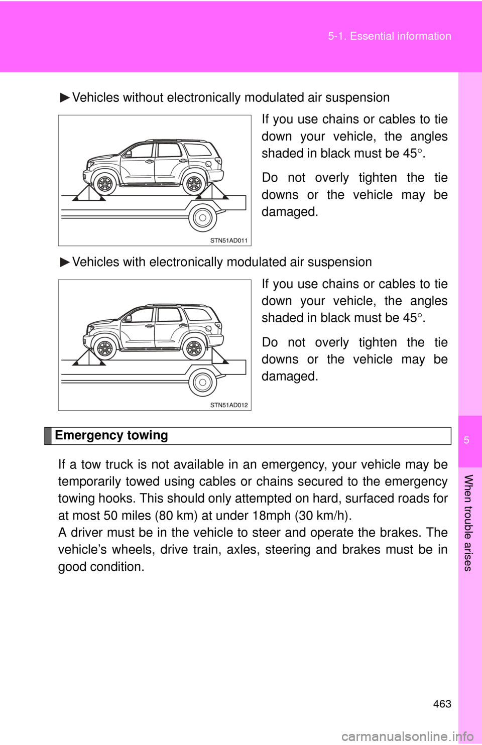 TOYOTA SEQUOIA 2016 2.G Owners Manual 5
When trouble arises
463
5-1. Essential information
Vehicles without electronica
lly modulated air suspension
If you use chains or cables to tie
down your vehicle, the angles
shaded in black must be TOYOTA SEQUOIA 2016 2.G Owners Manual 5
When trouble arises
463
5-1. Essential information
Vehicles without electronica
lly modulated air suspension
If you use chains or cables to tie
down your vehicle, the angles
shaded in black must be
