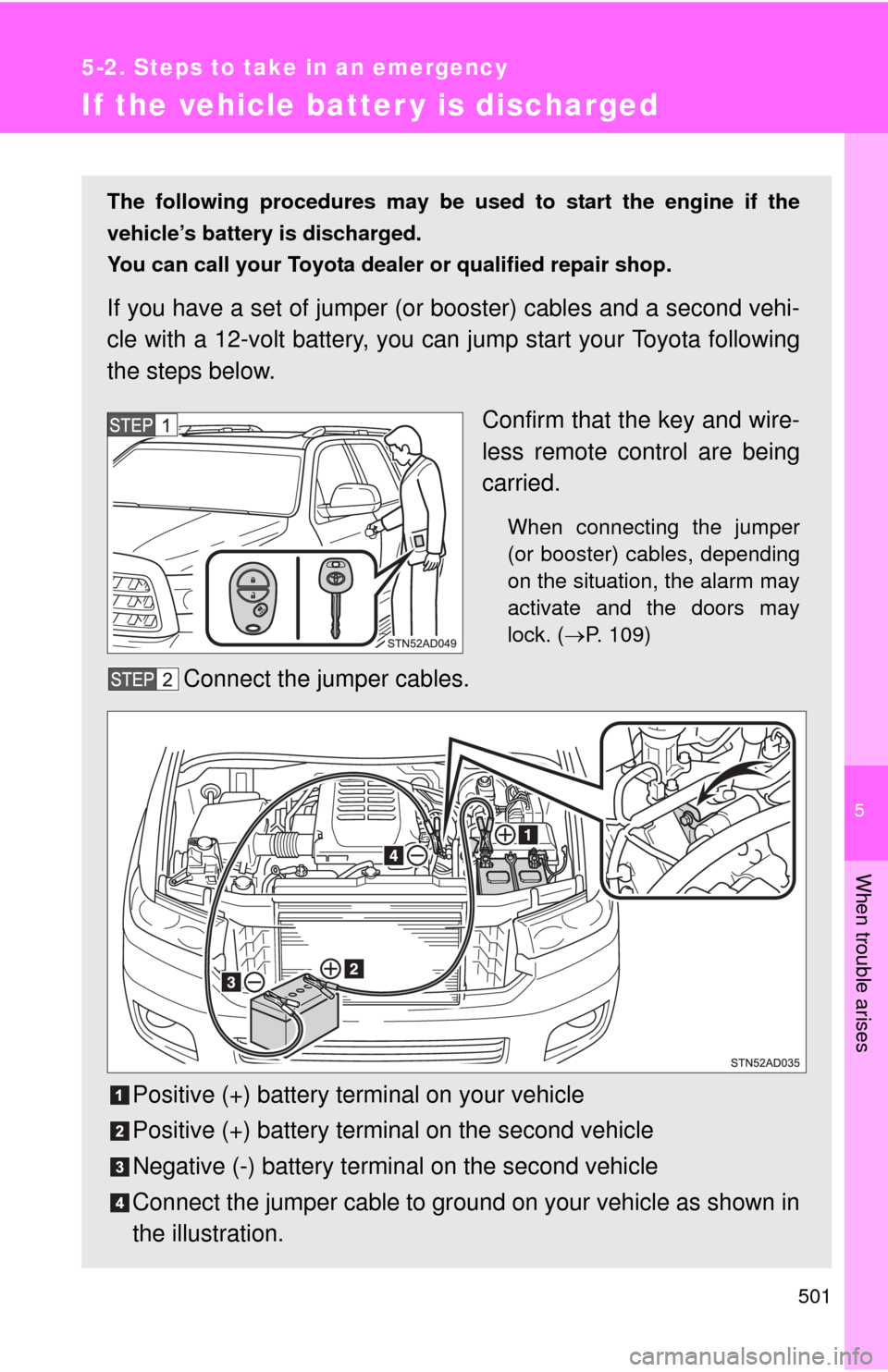 TOYOTA SEQUOIA 2016 2.G Owners Manual 5
When trouble arises
501
5-2. Steps to take in an emergency
If the vehicle batter y is discharged
The following procedures may be used to start the engine if the
vehicle’s battery is discharged.
Yo TOYOTA SEQUOIA 2016 2.G Owners Manual 5
When trouble arises
501
5-2. Steps to take in an emergency
If the vehicle batter y is discharged
The following procedures may be used to start the engine if the
vehicle’s battery is discharged.
Yo