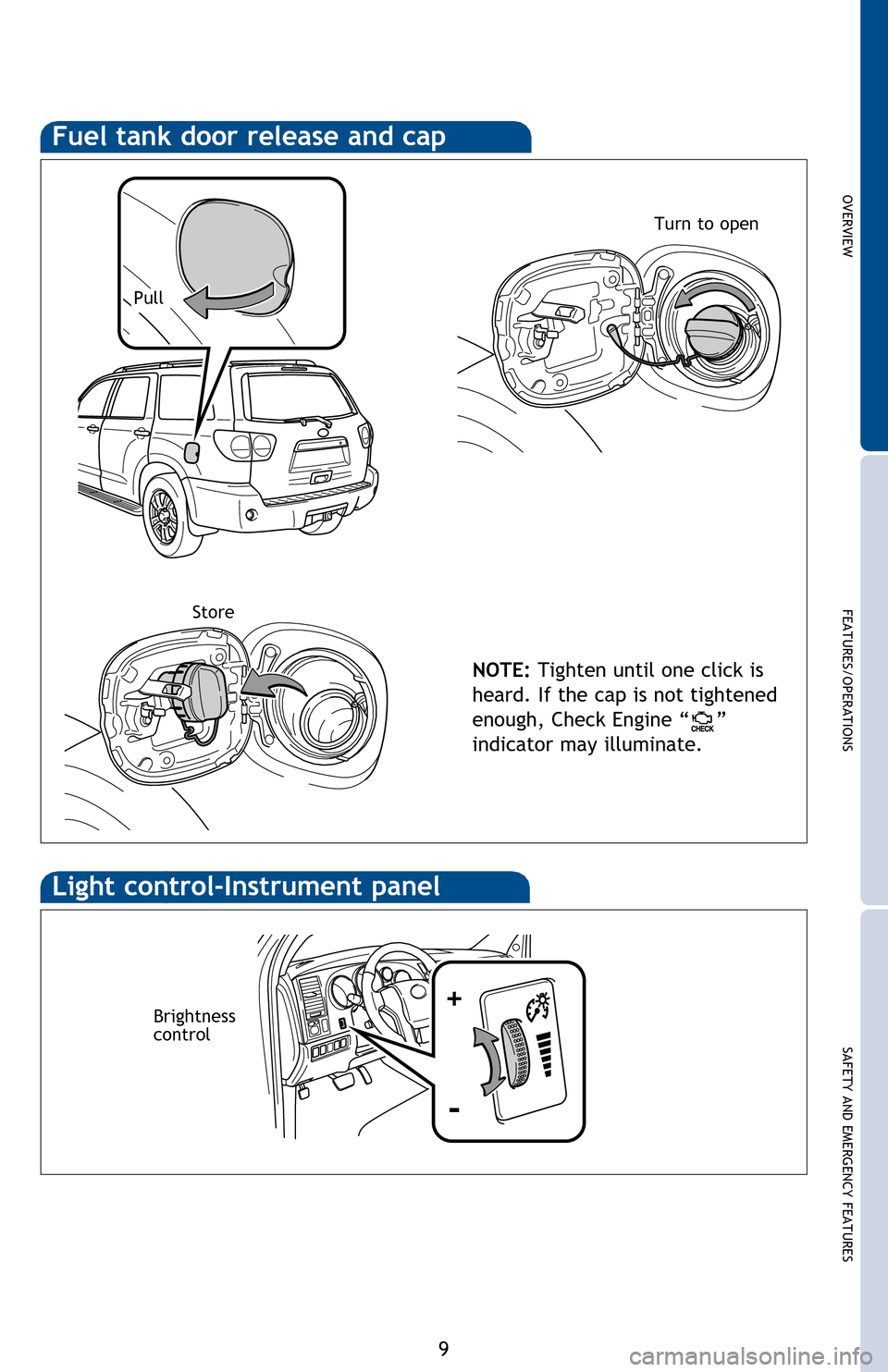 TOYOTA SEQUOIA 2016 2.G Quick Reference Guide OVERVIEW
FEATURES/OPERATIONS
SAFETY AND EMERGENCY FEATURES
9
NOTE: If a door is not opened within 60 seconds of unlocking, all doors will relock for
safety.
Fuel tank door release and cap
NOTE: Tigh TOYOTA SEQUOIA 2016 2.G Quick Reference Guide OVERVIEW
FEATURES/OPERATIONS
SAFETY AND EMERGENCY FEATURES
9
NOTE: If a door is not opened within 60 seconds of unlocking, all doors will relock for
safety.
Fuel tank door release and cap
NOTE: Tigh