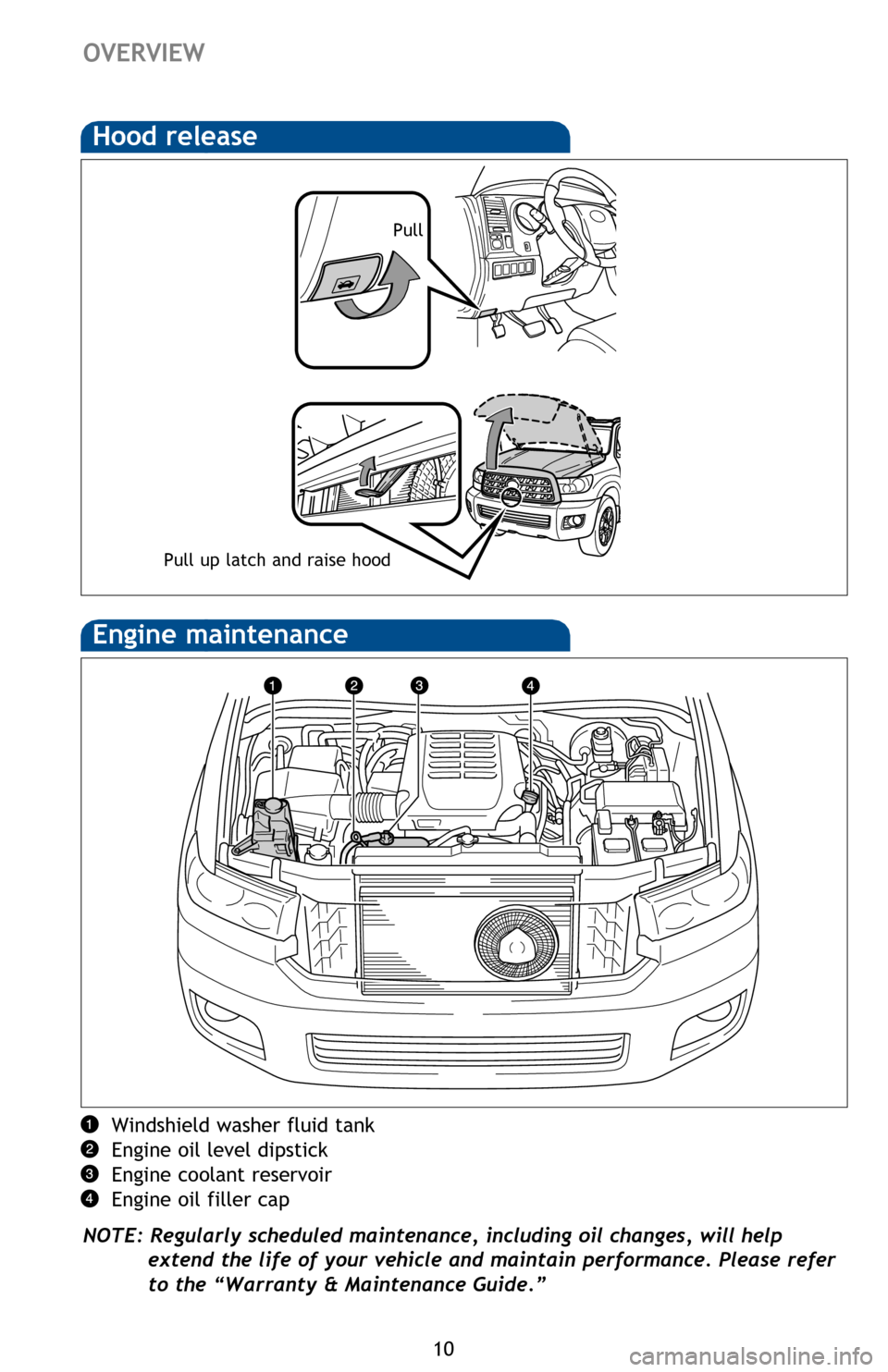 TOYOTA SEQUOIA 2016 2.G Quick Reference Guide 10
Windshield washer fluid tank
Engine oil level dipstick
Engine coolant reservoir
Engine oil filler cap
NOTE: Regularly scheduled maintenance, including oil changes, will help  extend the life of you