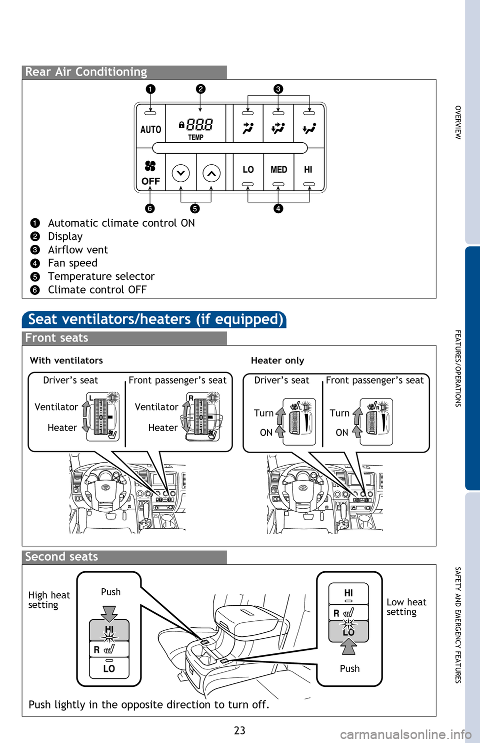 TOYOTA SEQUOIA 2016 2.G Quick Reference Guide OVERVIEW
FEATURES/OPERATIONS
SAFETY AND EMERGENCY FEATURES
23
Fan speed
Automatic climate control ON
Adjusting the temperature setting will cause the airflow vents, air intake and
fan to adjust autom TOYOTA SEQUOIA 2016 2.G Quick Reference Guide OVERVIEW
FEATURES/OPERATIONS
SAFETY AND EMERGENCY FEATURES
23
Fan speed
Automatic climate control ON
Adjusting the temperature setting will cause the airflow vents, air intake and
fan to adjust autom